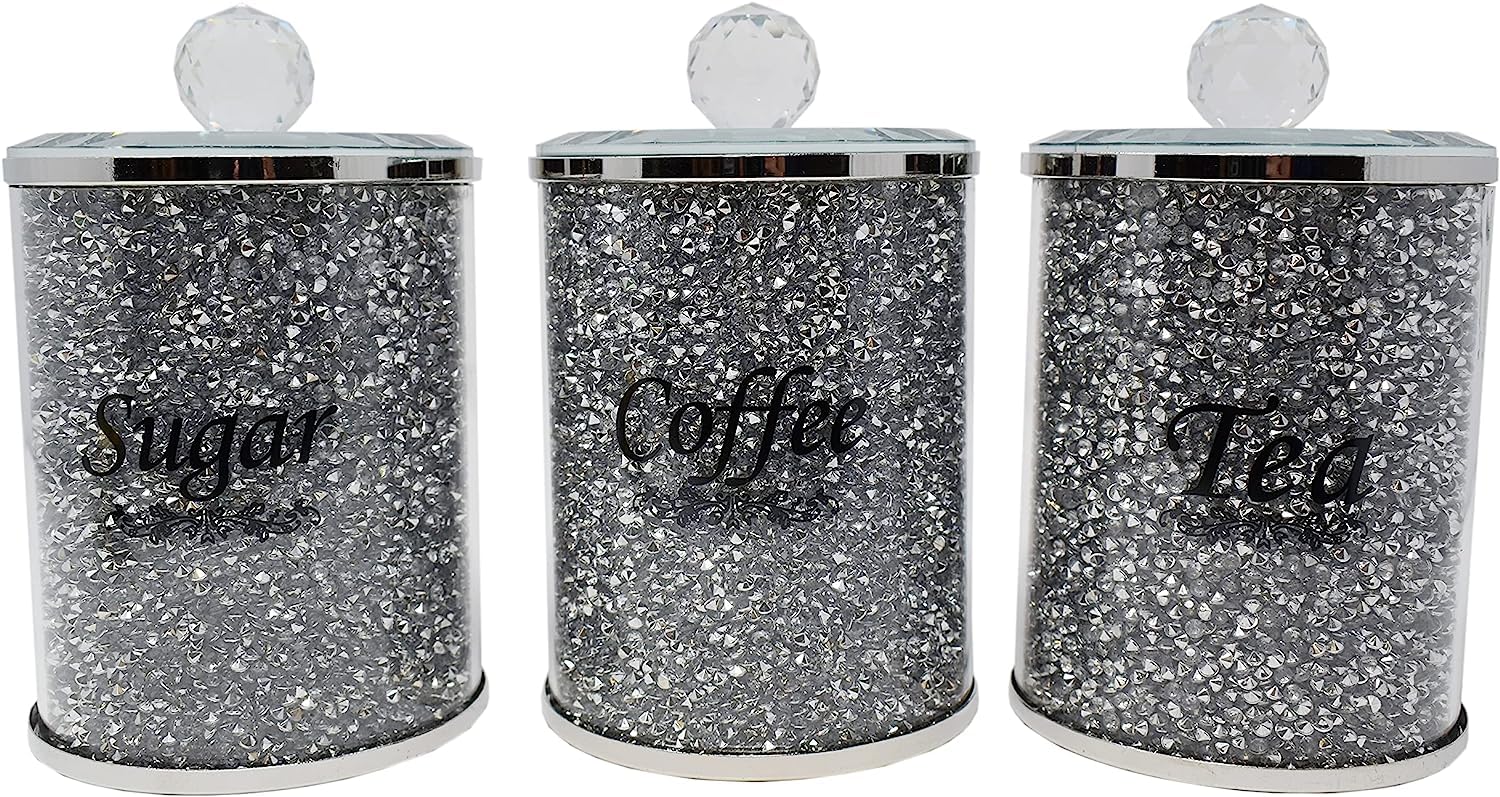 JAYOGLA Crystalized Crushed Diamond Gift Diamante Tea Coffee Sugar Canisters Jars Storage Trimmings Crystal Filled Kitchen Organiser Containers Set Kitchen Decoration (SILVER)