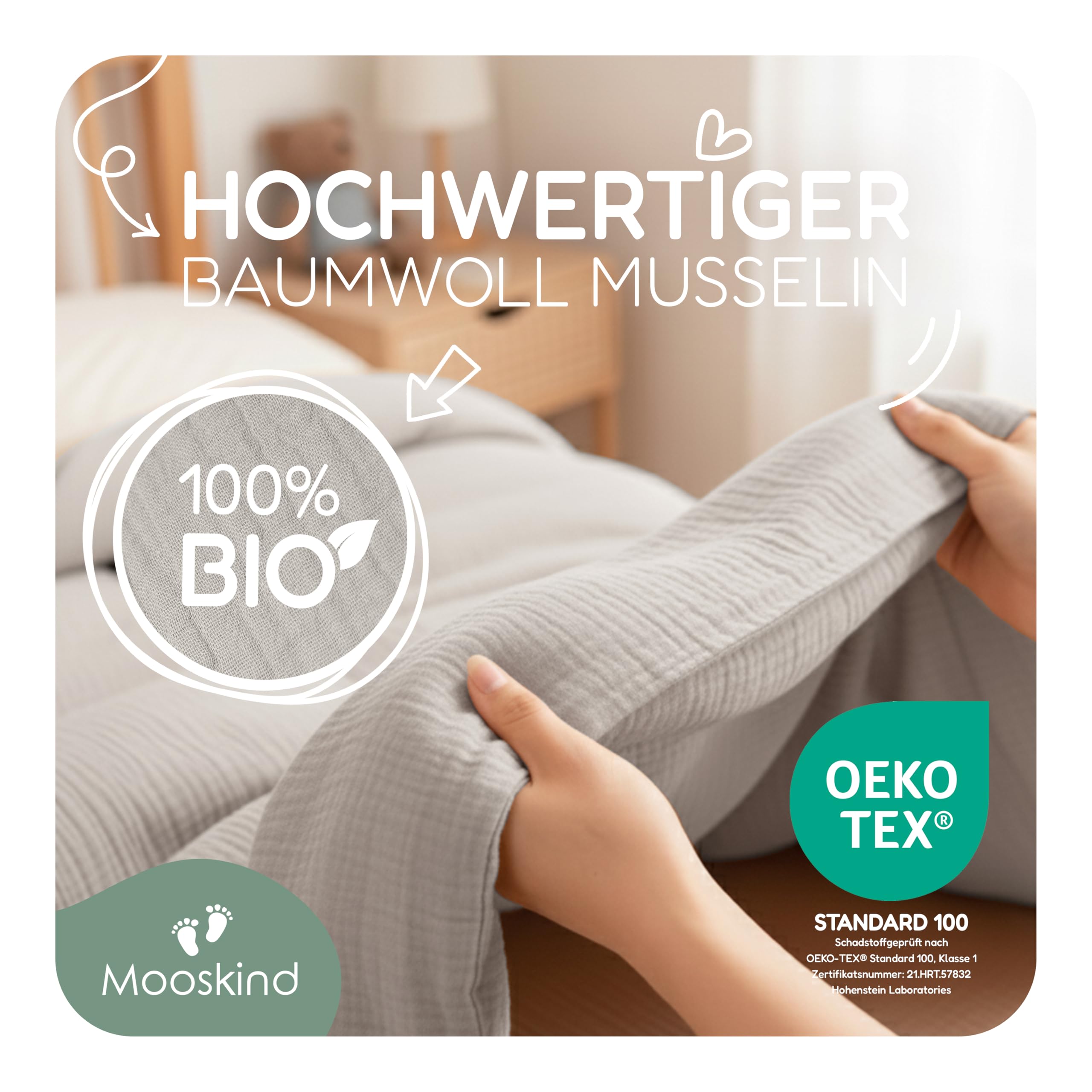 Musselin Kinderbettwäsche 200x135 cm mit Kissenbezug 80x80 cm [grau] – 100% Bio Baumwolle & Ökotex geprüft – Musselin Bettwäsche Kinder Set für Mädchen & Jungen – Made in Europe