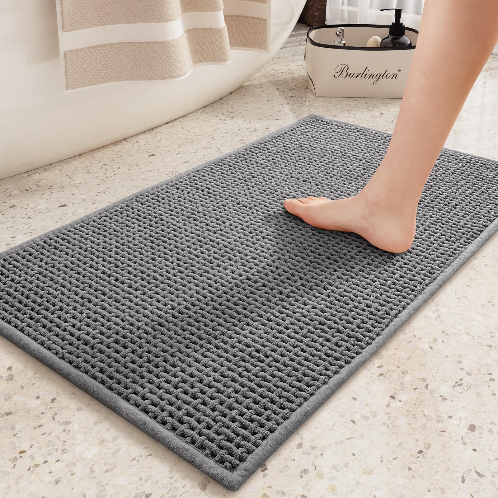 Color&Geometry Chenille Rubber Backed Gray Bathroom Rugs- Non Slip, Absorbent, Quick Dry, Washable- 23.5"x35.5" Large Bath Mat Thin Bathroom Rugs Fit Under Door