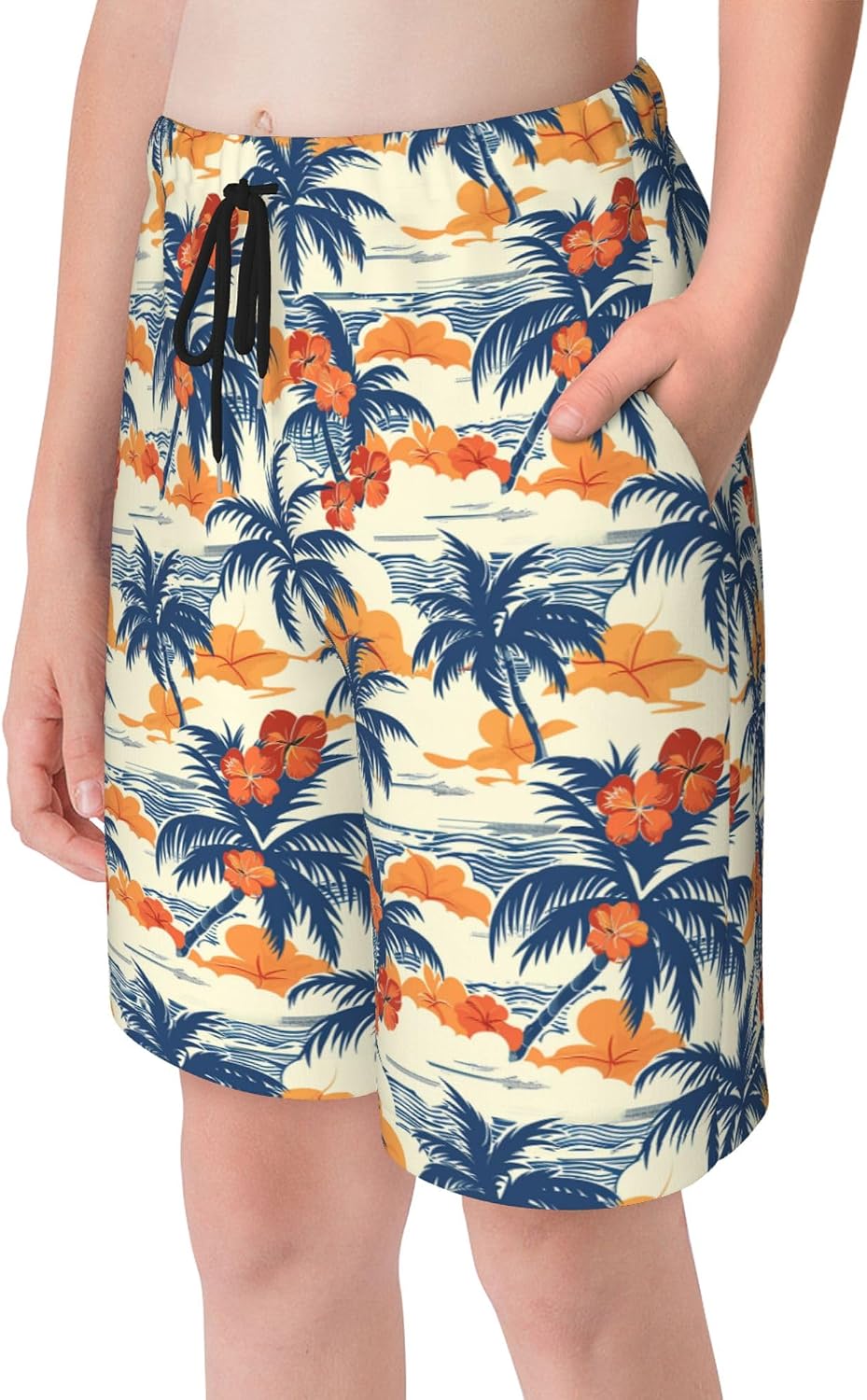 Teen Boys Swim Trunks Tropical Floral Palm Leaf Quick Dry Beach Shorts Mesh Lined with Pockets