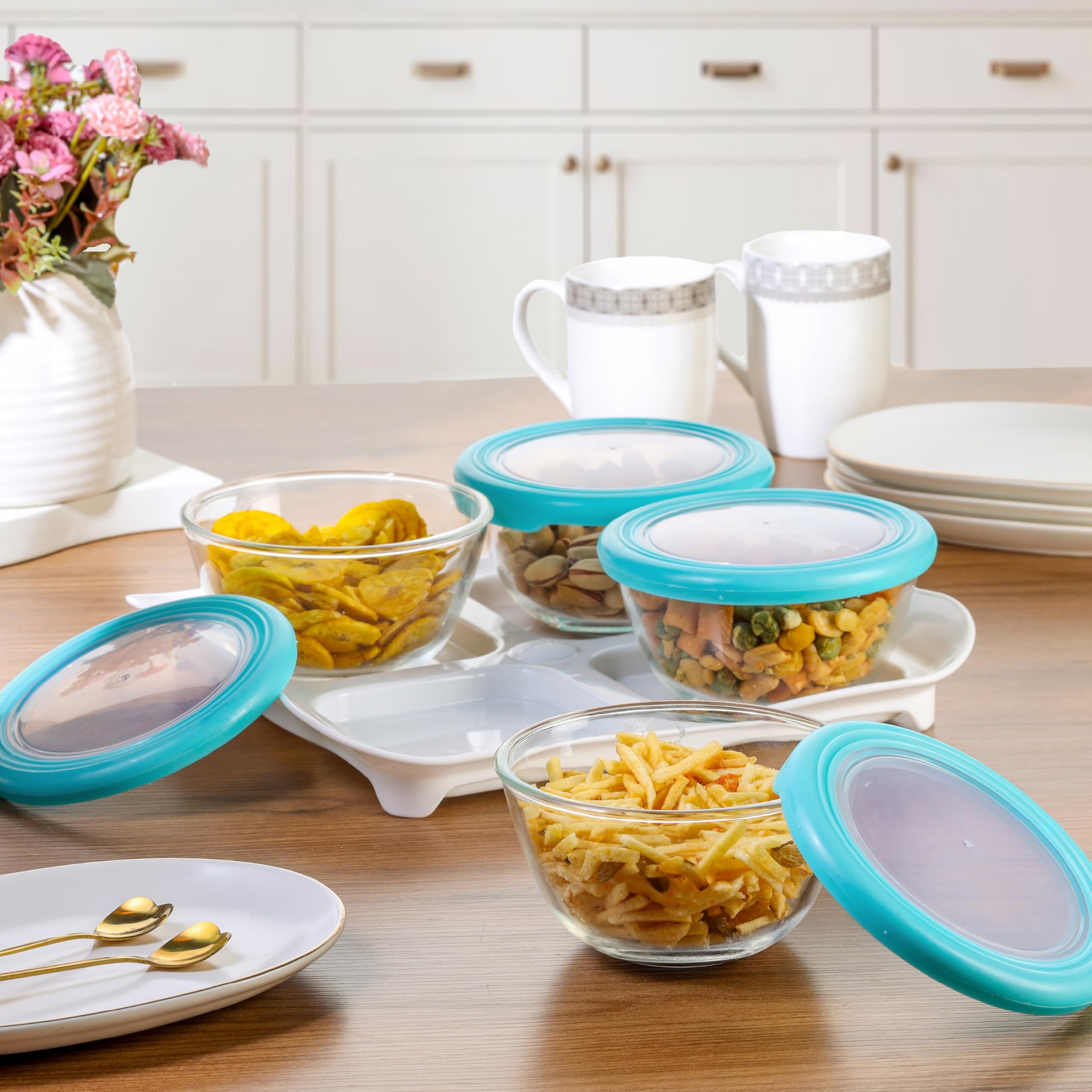 Cello Snack Tray Set, Serving Bowls, Microwave Safe, 320 ml Each (Set of 4) with Tray - Image 2 thumbnail