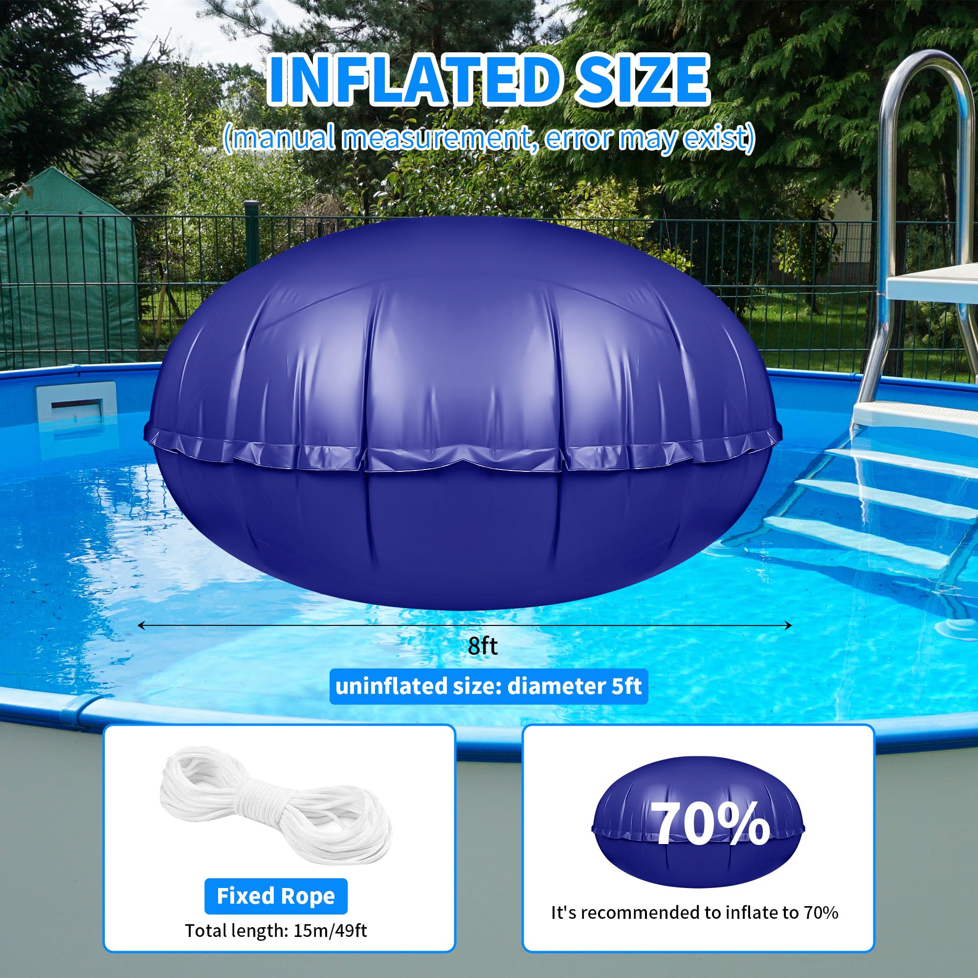 CACSPS Rundes Poolkissen für oberirdische Pools, 3 m Pool-Luftkissen zum Verschließen des Winterbeckens, Winterset für Bodenpool, 0,5 mm PVC-Material, 2 x 4,6 m Seil (blau)