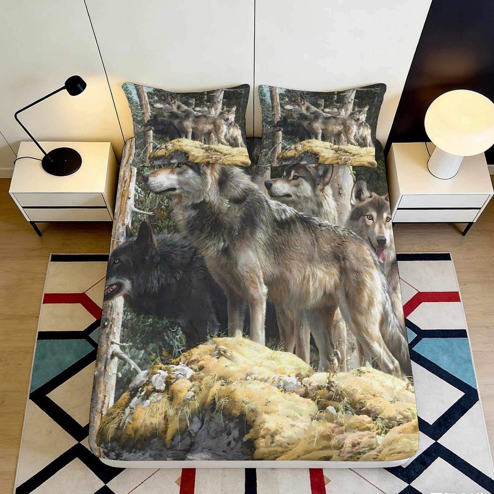 3D Printed Wolf Forest Fitted Sheet Microfiber Soft Mattress Cover for Bedroom Lodge Rustic Decor Anti-Slip Washable 120x200x25cm