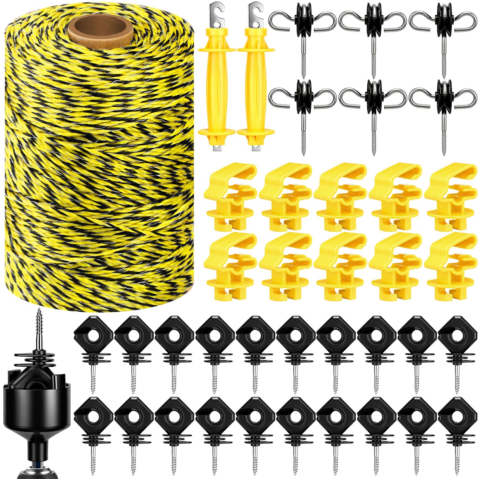 SATINIOR Kit de valla eléctrica de 40 piezas, 200 m, valla eléctrica de alambre de polialambre, 10 aisladores de postes en T, 2 aisladores de mango de puerta de goma, 6 tornillos aislantes, 20