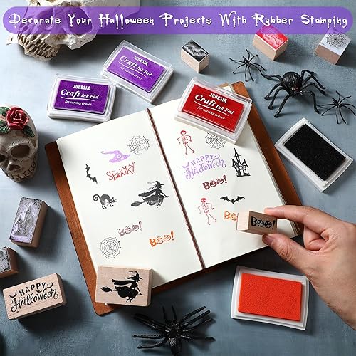 Miniatura 5 de Woanger 15 sellos de goma de madera de Halloween y almohadillas de tinta para manualidades, sellos de tarjetas de manualidades, sellos de goma de