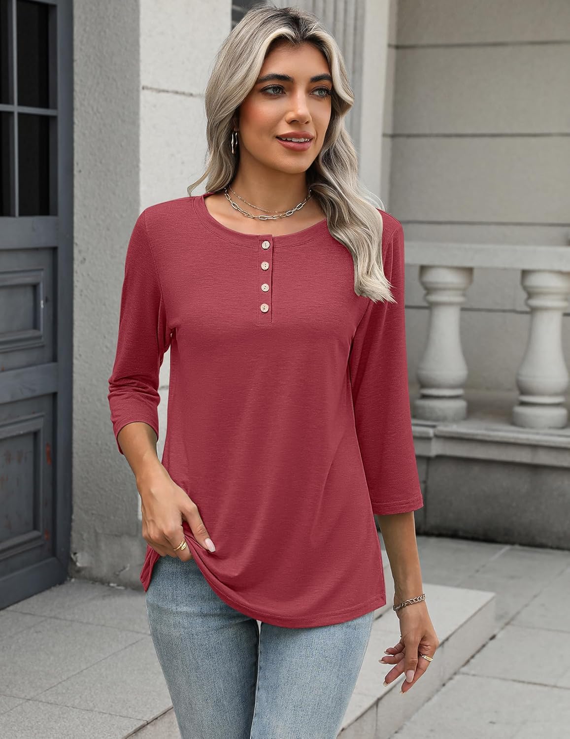 Zeagoo Womens Tops 3/4 Length Sleeve T Shirts Dressy Casual Button Down Blouses Spring Fall Clothes - Image 3