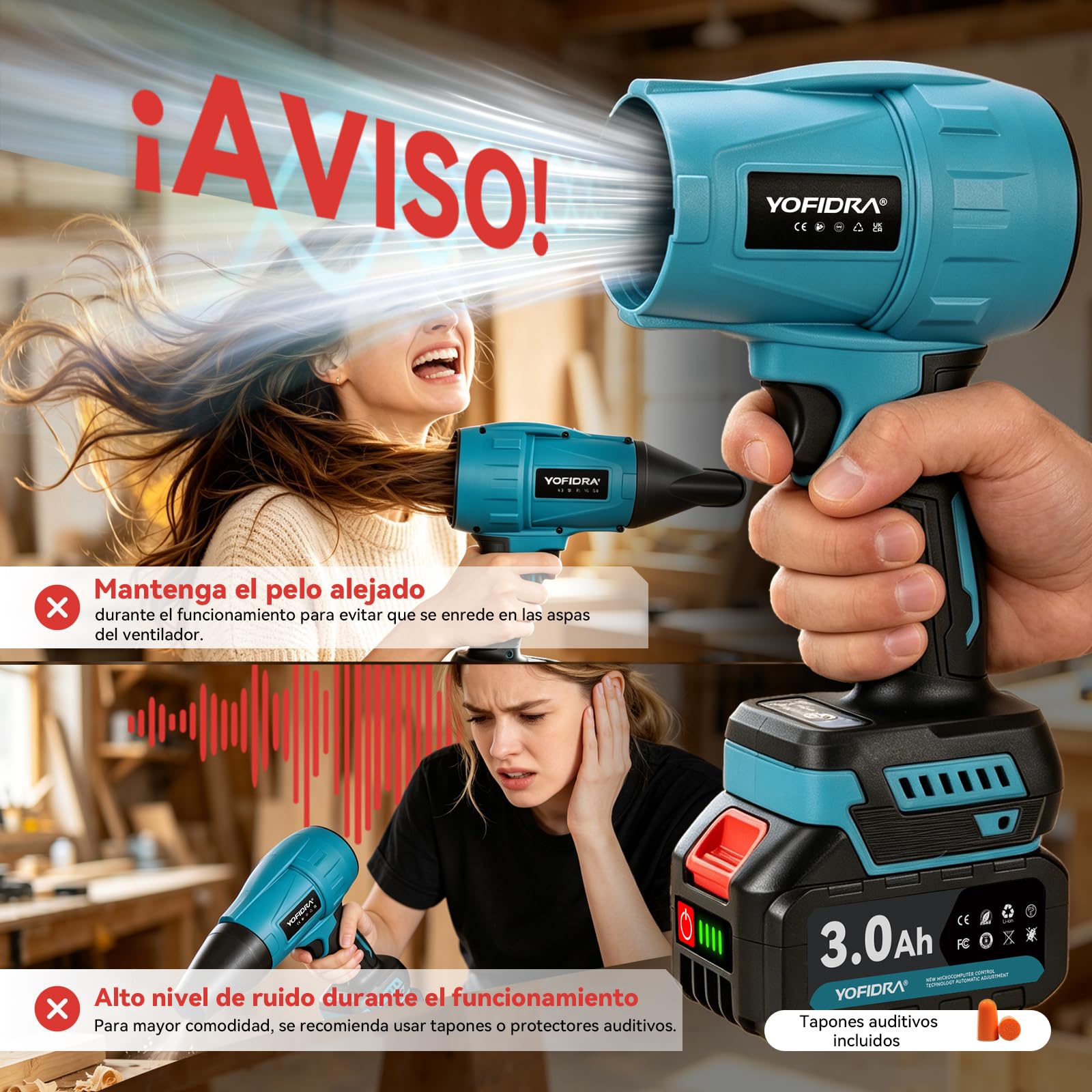 Yofidra Soplador de Hojas Batería, 33.000 RPM, Turbo Soplador de Aire Potente con 2 Baterías, 300m/s, 3 Velocidades, 4 Boquillas, para Limpiar Hojas, Nieve y Polvo