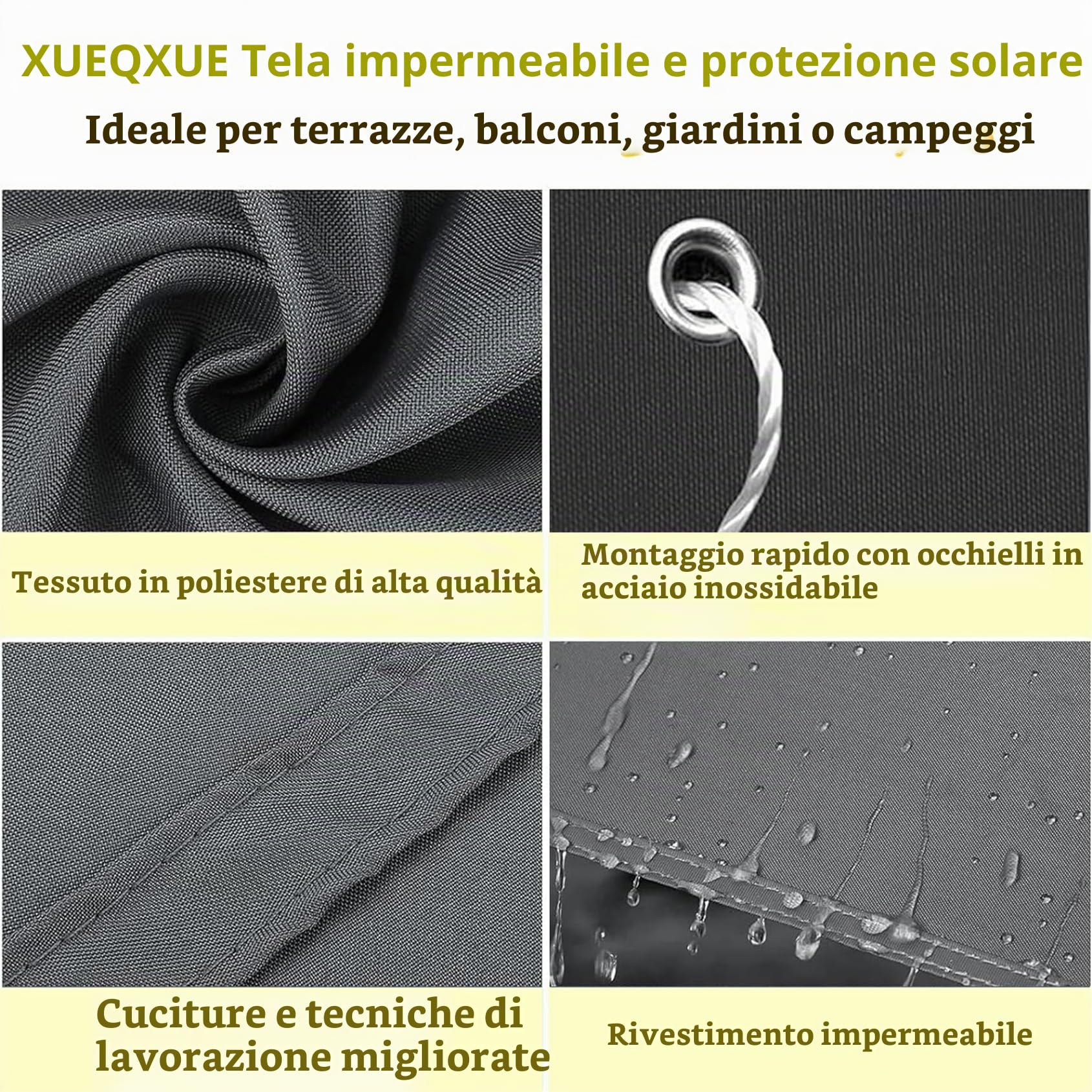 Tenda a Vela Impermeabile Rettangolare 150 x 200 cm Impermeabile, Protezione Antivento 98% Anti UV Tenda a Vela Telo Ombreggiante per Esterno Terrazza Giardino, Grigio Chiaro