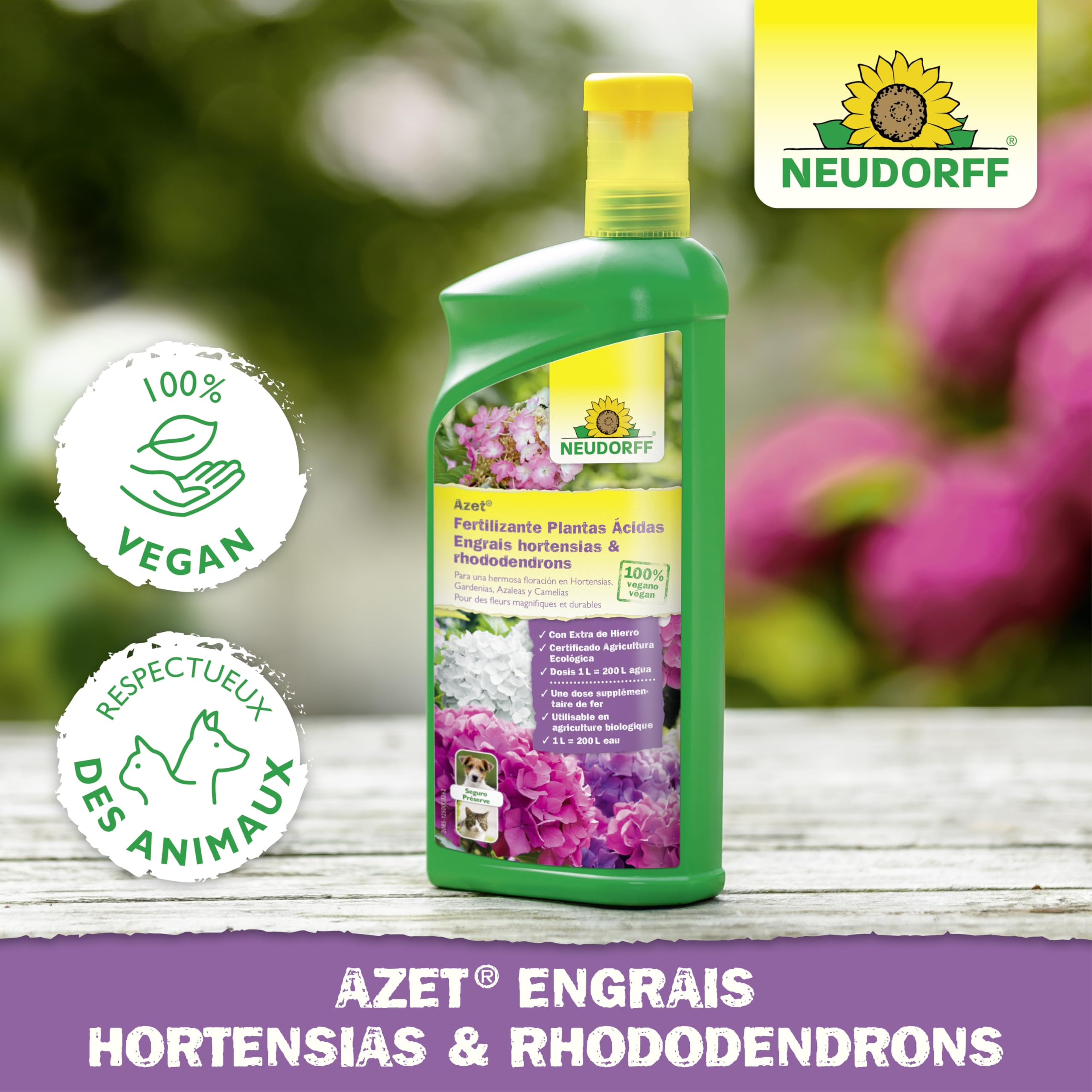 Neudorff Azet Engrais hortensias & rhododendrons – Engrais liquide naturel avec fer pour une floraison luxuriante et des hortensias, rhododendrons, azalées et camélias résistants, 1 L