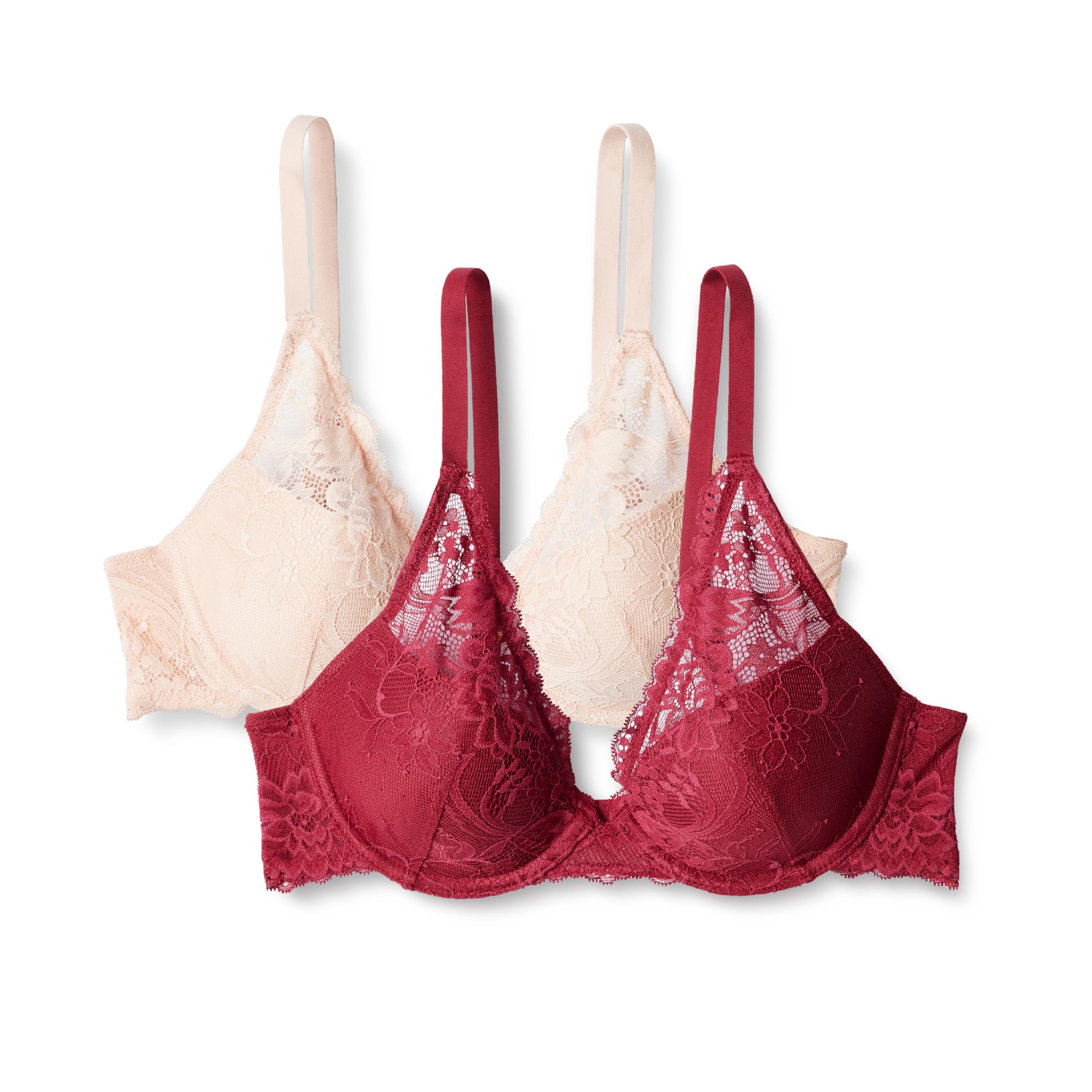 Amazon Essentials Women's Stretch Galloon Lace Lined Wired Deep Plunge Bra, Soft Petal/Burgundy, 32A