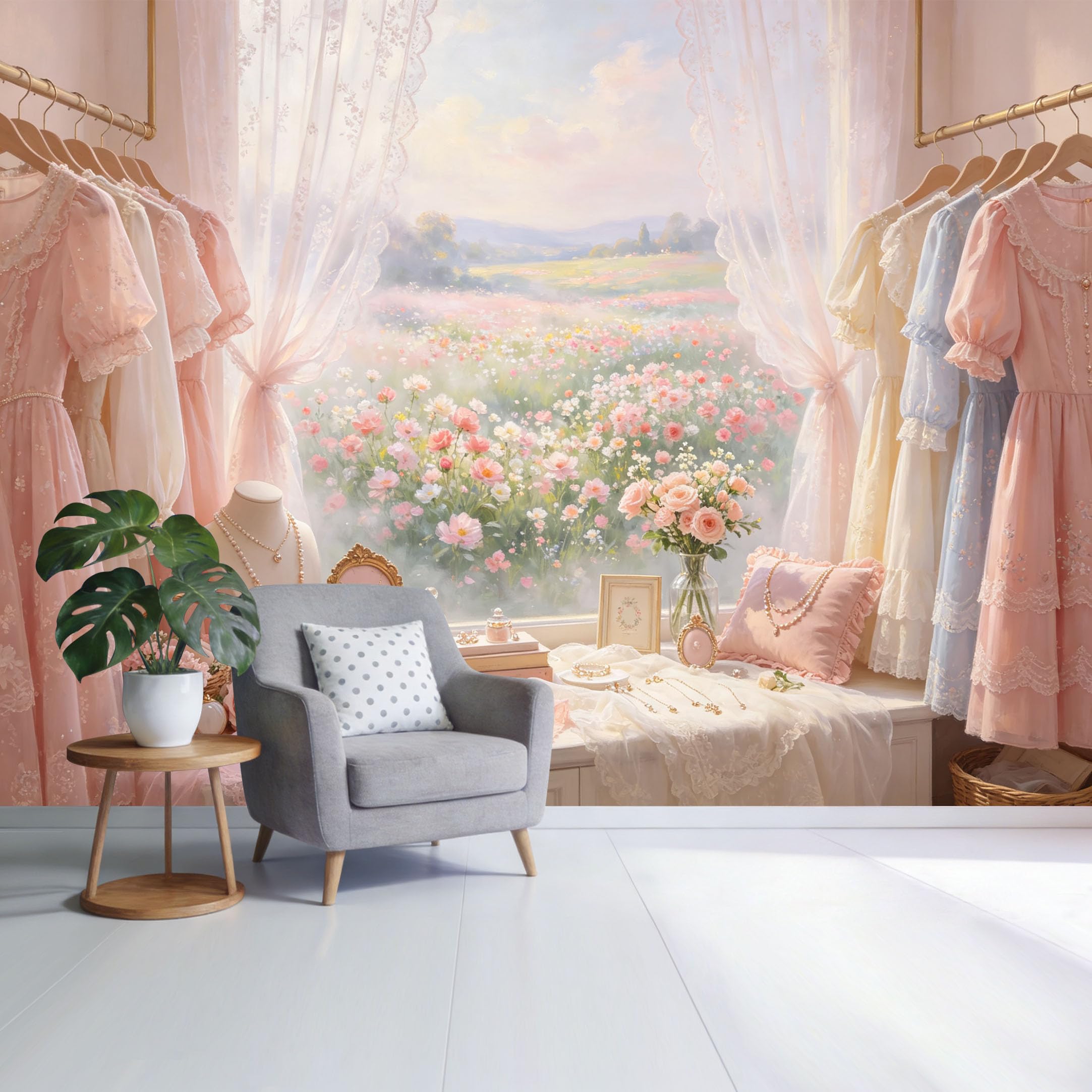 Custom Size Wall Mural Romantic Pastel Floral Boutique Window View Botanical Watercolor Style SelfAdhesive Wall Fabric Removable Wallpaper for Home Office Decor