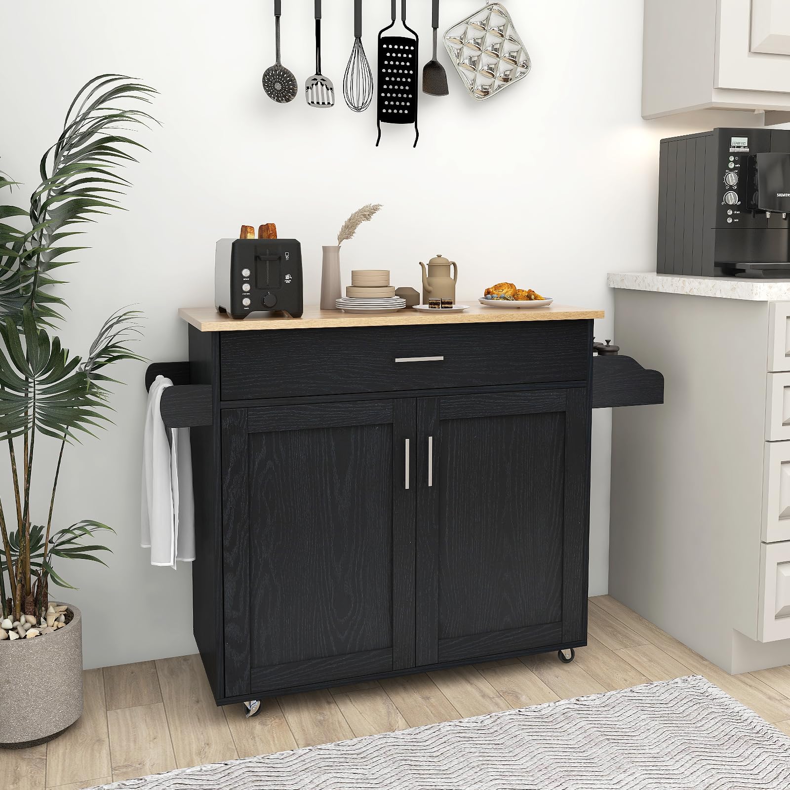 RELAX4LIFE Carro de cocina grande portaobjetos con ruedas deslizantes con frenos de pedales, carro de servicio de madera barnizada con armario y cajones espaciosos, 136 x 76 x 91 cm (negro) (negro)