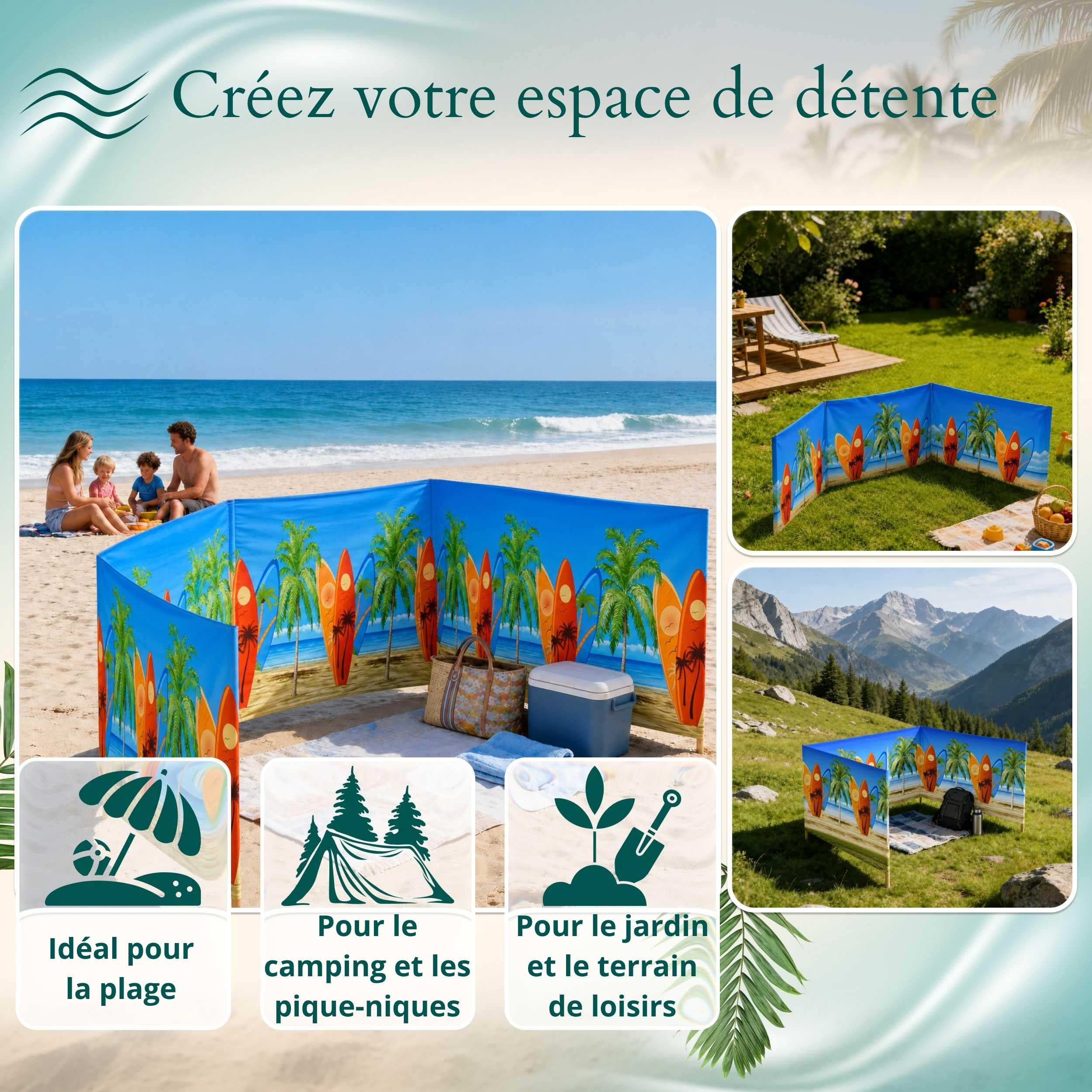 Paravent Plage Microfibres | Brise-Vent 80cm | Planche de Surf 6m | Résistant aux intempéries | Avec cordes | Fait main