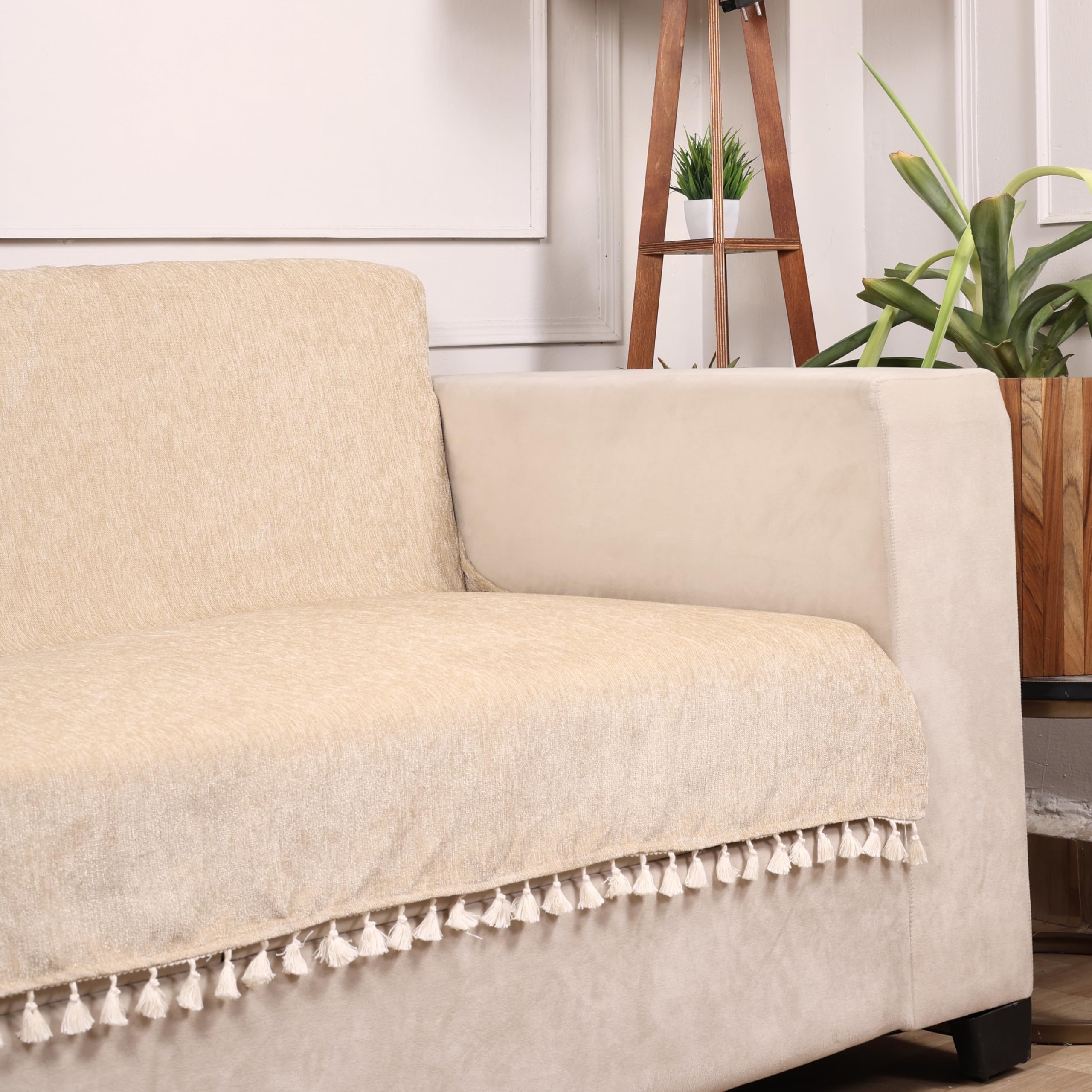 STITCHNEST Beige Chenille Sofa Cover 24x60 Inch – Soft, Durable & Textured Fabric with Tassels | Full Coverage Sofa for Living Room, Bedroom, or Drawing Room-image-48