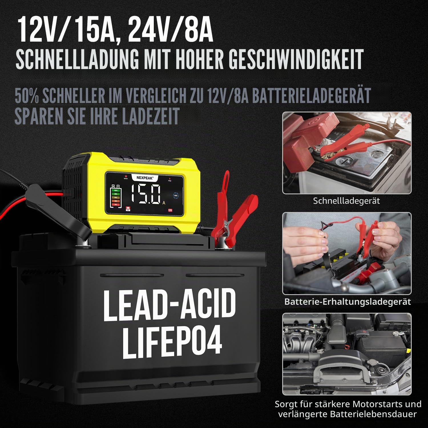 NEXPEAK NC215 15A Autobatterie Ladegerät, 12V 24V LiFePO4 Blei-Säure Tragbares Autobatterieladegerät 9-stufiges Intelligentes Batterieladegerät für Auto, LKW, Motorrad, Rasenmäher, Boot, Marine