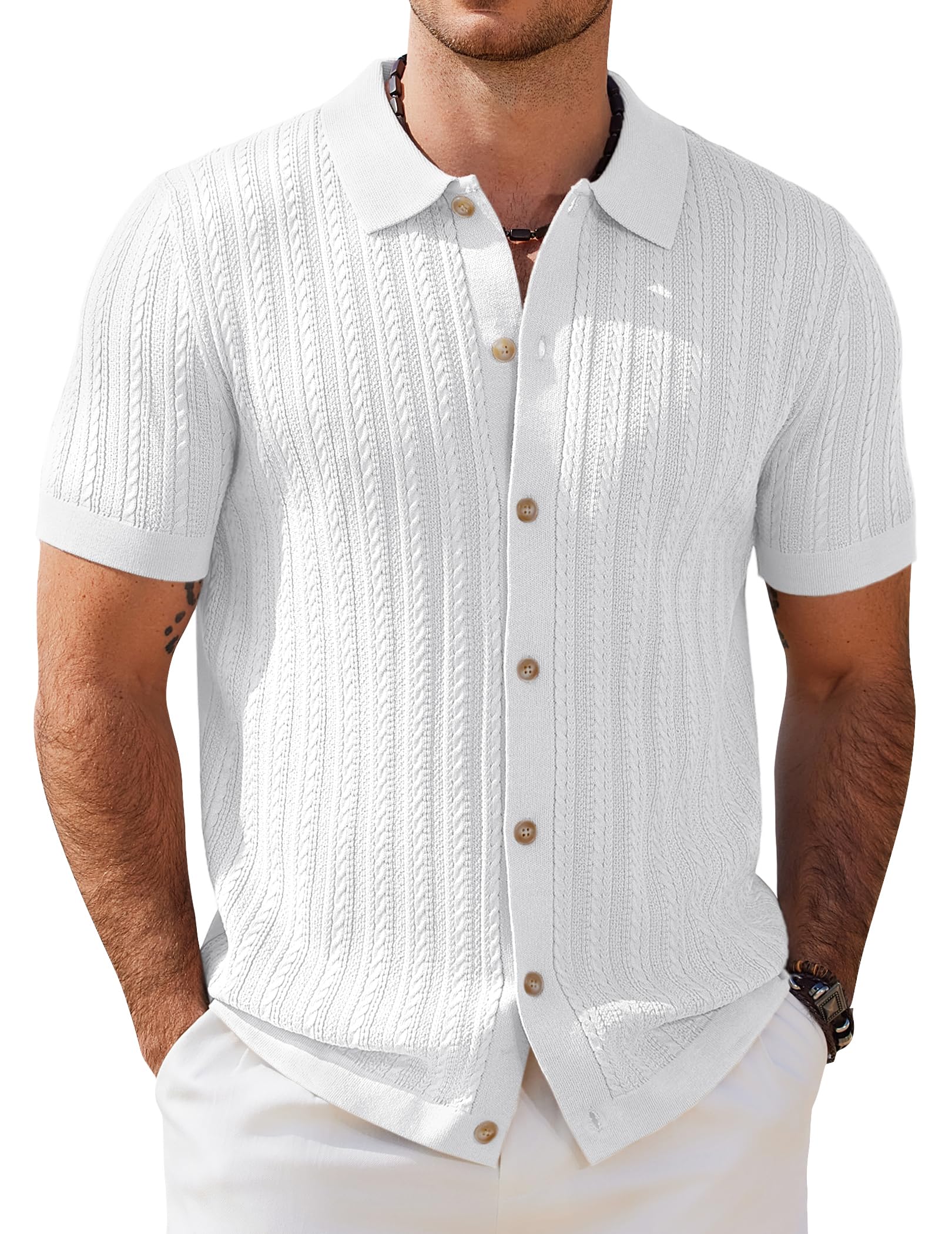 COOFANDY Herren Poloshirt Kurzarm Strick Polo Hemden mit Knopfleiste Zopfmuster Strickhemd Sommer Golf Shirts