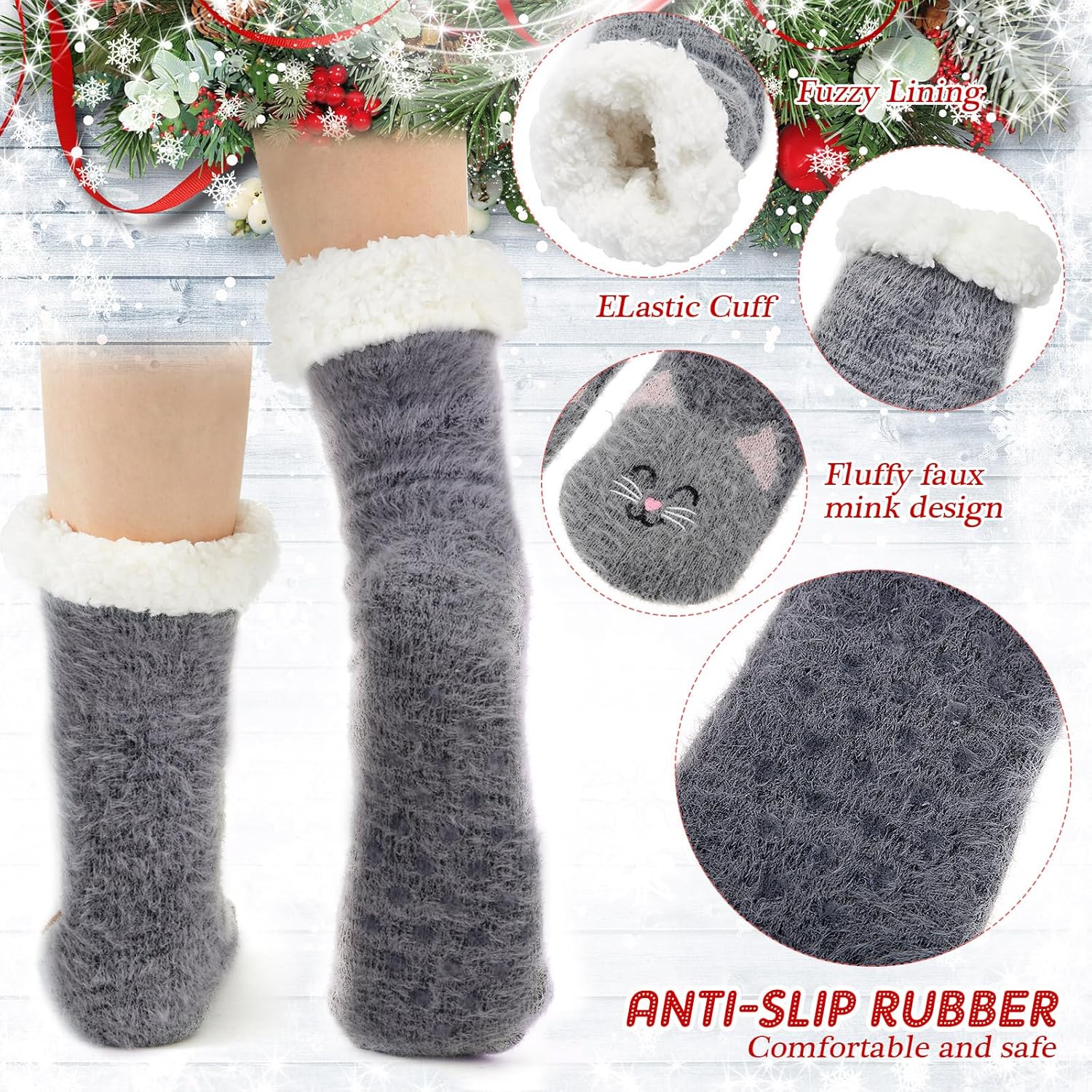 Foaincore 4 Pairs Fuzzy Cat Socks for Women Cute Warm Winter Animal Slipper Socks Bulk with Christmas Gift Bag Fleece Lined Non Slip Grippers - Image 4