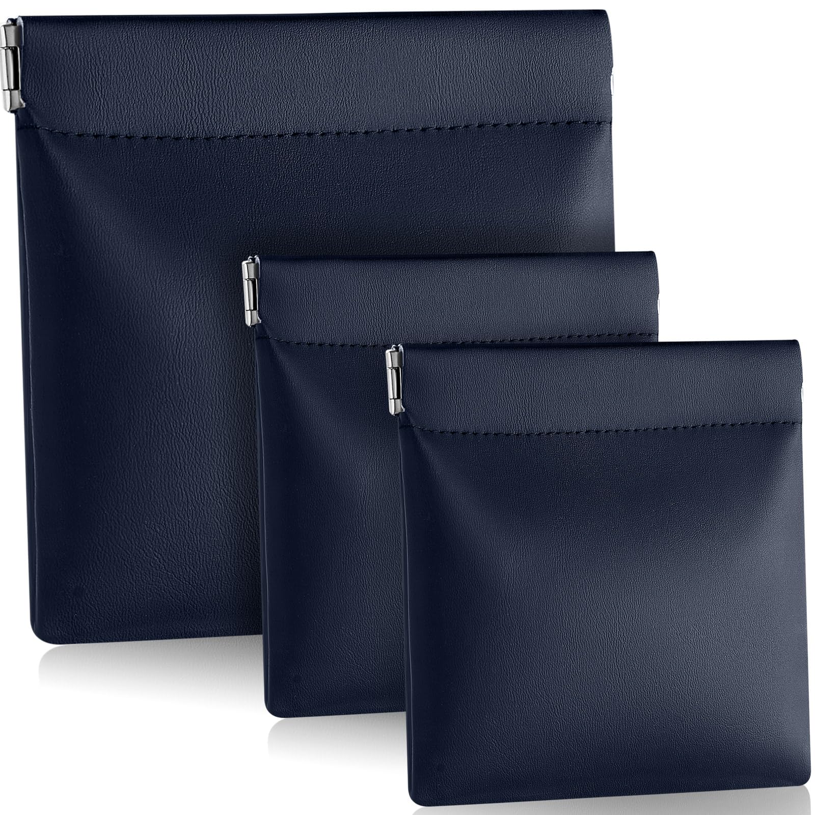 Sadnyy 3 Pcs PU Leather Coin Purse Navy Blue Change Holder No Zipper Coin Pouch Self Closing Pouch Change Purse Bag for Men, 2 Size