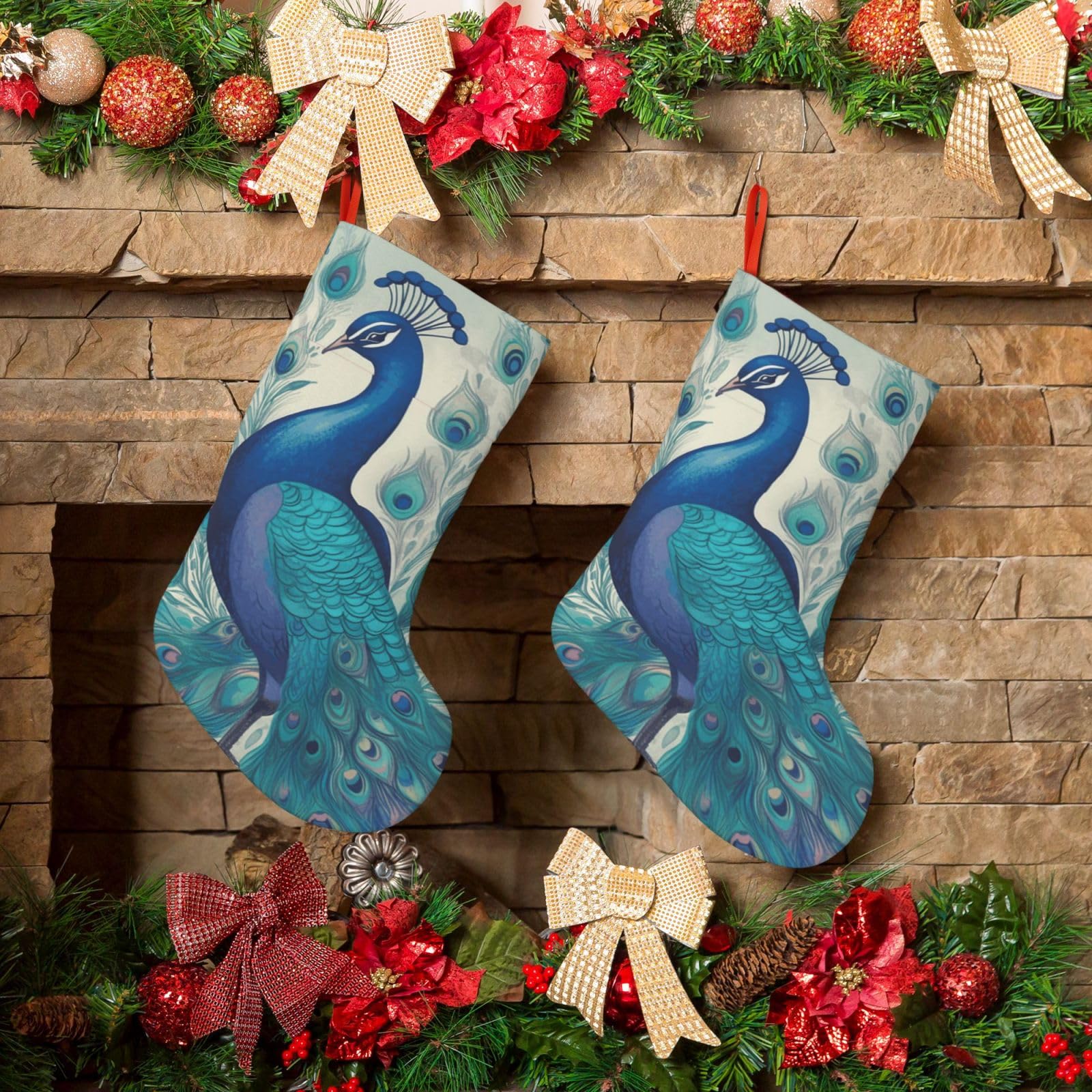 KLOPH Christmas Stockings 18" Personalized Xmas Stocking Cute Peacock Decoration Stocking Hanging Fireplace Stocking for Holiday Xmas Tree Christmas Fireplace Decor