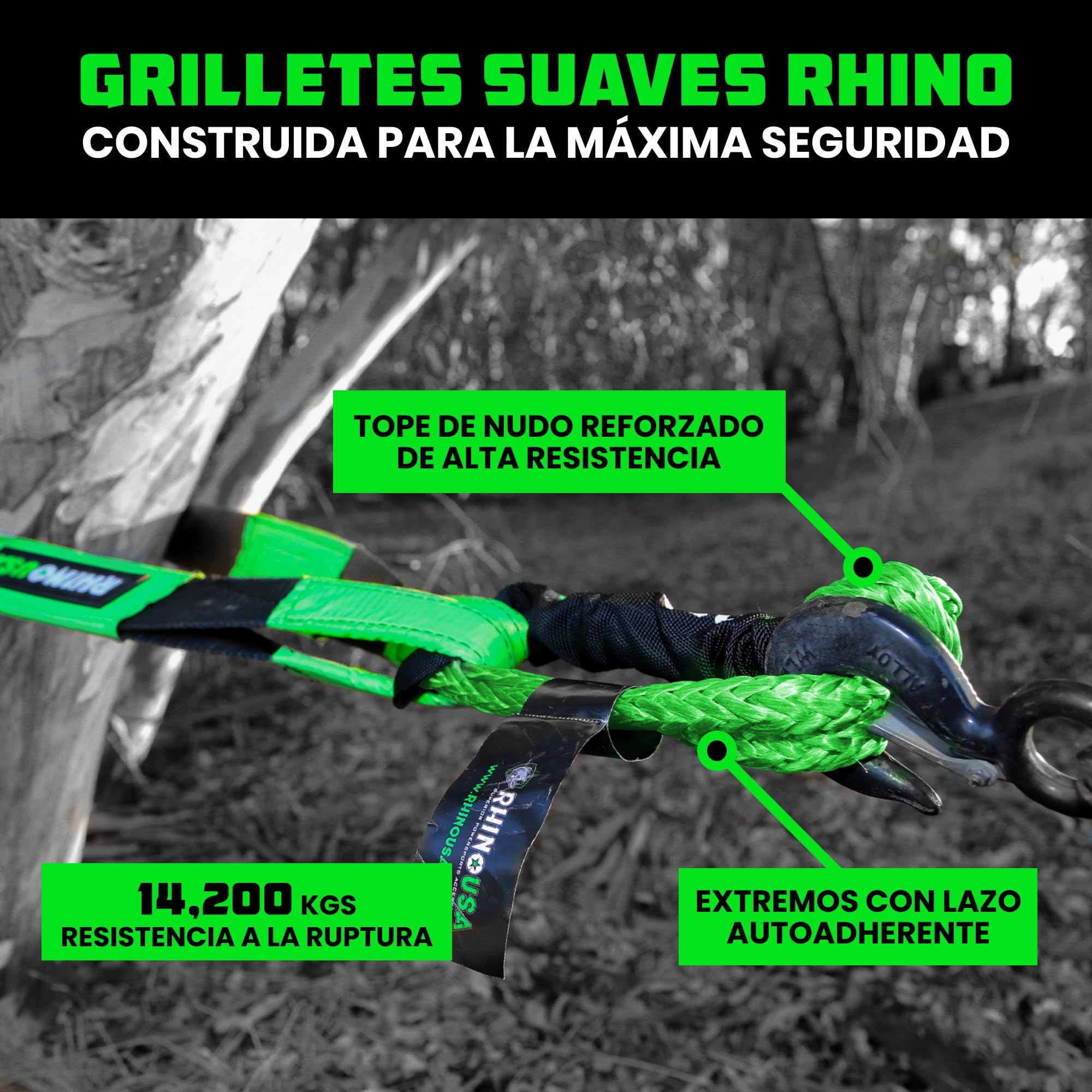 Rhino USA Grillete Sintetico - 2X Grilletes para Eslingas de Remolque 1 cm x 55 cm - 2X Grillete de Remolque Ultra Resistente a la Rotura 14,200 kg - Rescate de Todoterreno Quad Furgoneta 4x4 - Verde