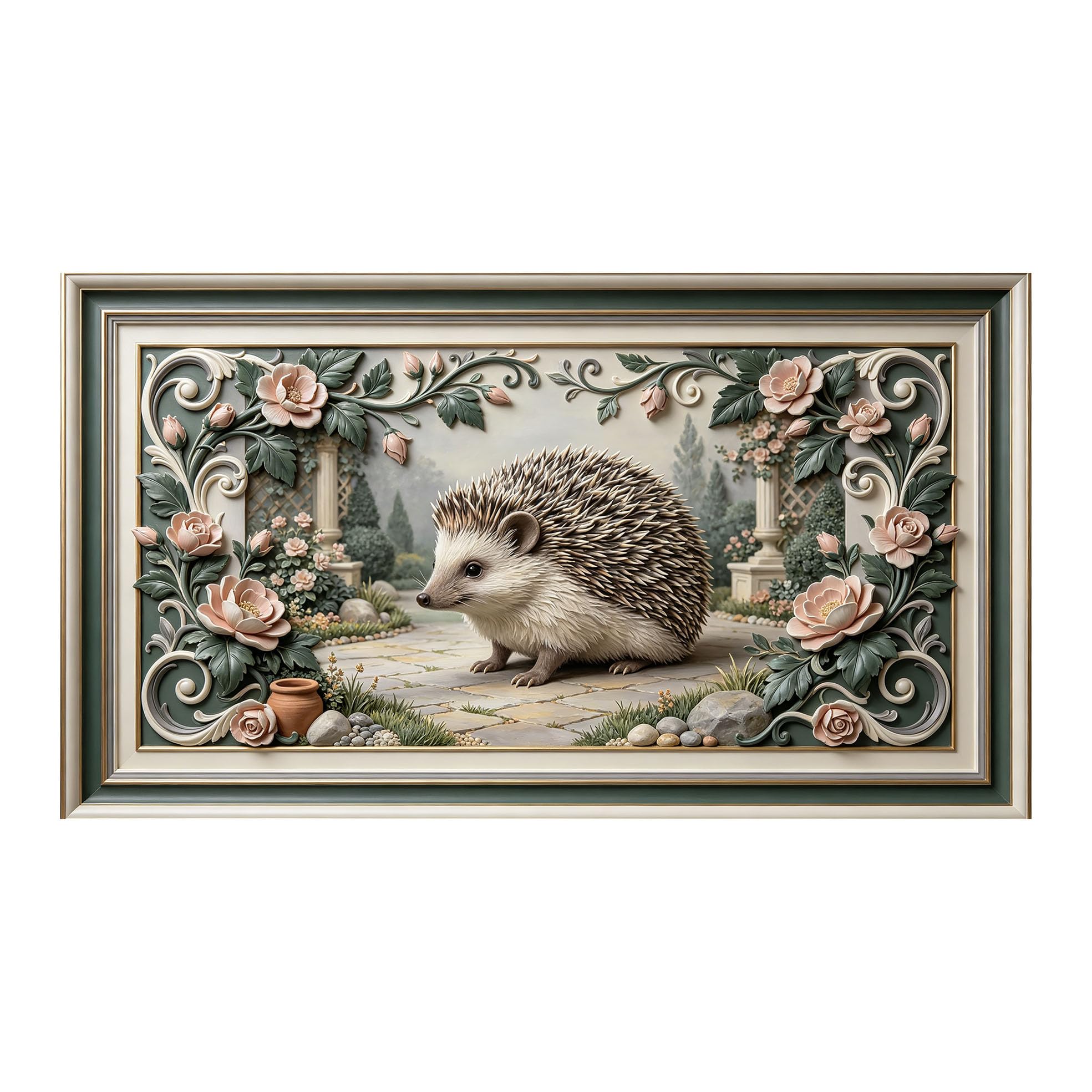 Yzpallescene 3D 3D Framed Wall Art 50cm×90cm Hedgehog Garden Floral Landscape Relief Effect Large Size SelfAdhesive Removable Wall Decor Prints Artwork for Living Room Bedroom Office