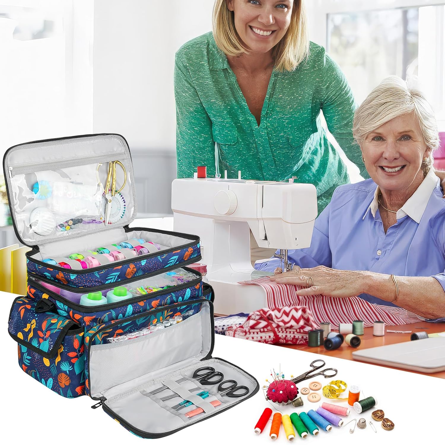 LEFOR·Z Large Sewing Supplies Organizer,Double-Layer Sewing Accessories Storage and Organizer Case Bag,Protable Travel Sewing Box Sewing Basket for Sewing Tools,Leaf Pattern(Bag Only)