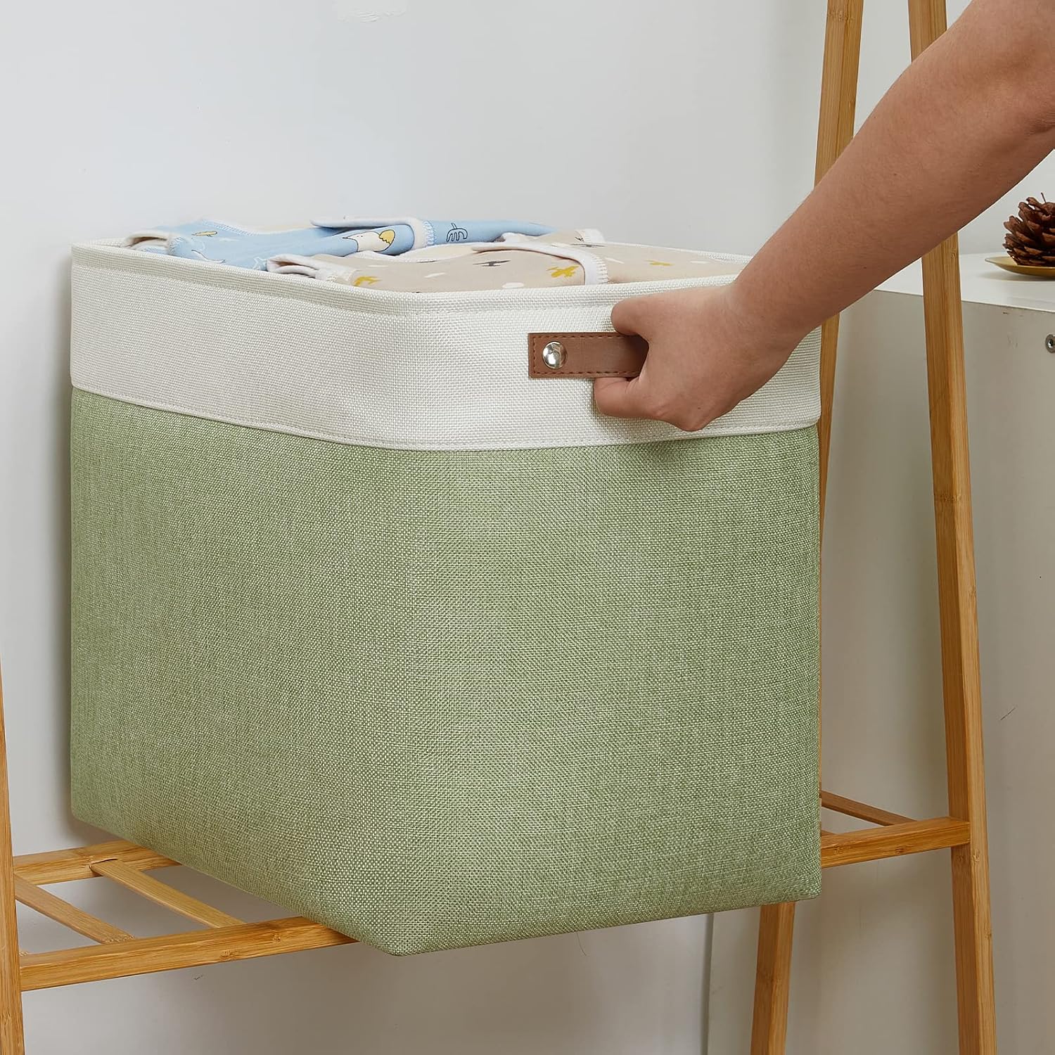 DULLEMELO Large Storage Basket 17"x12"x15", Fabric Storage Organizer Basket for Storage Clothes, Large Fabric Bin for Organizing Book, Storage Bin with Handles for Storage Toy (White&Green) image 4