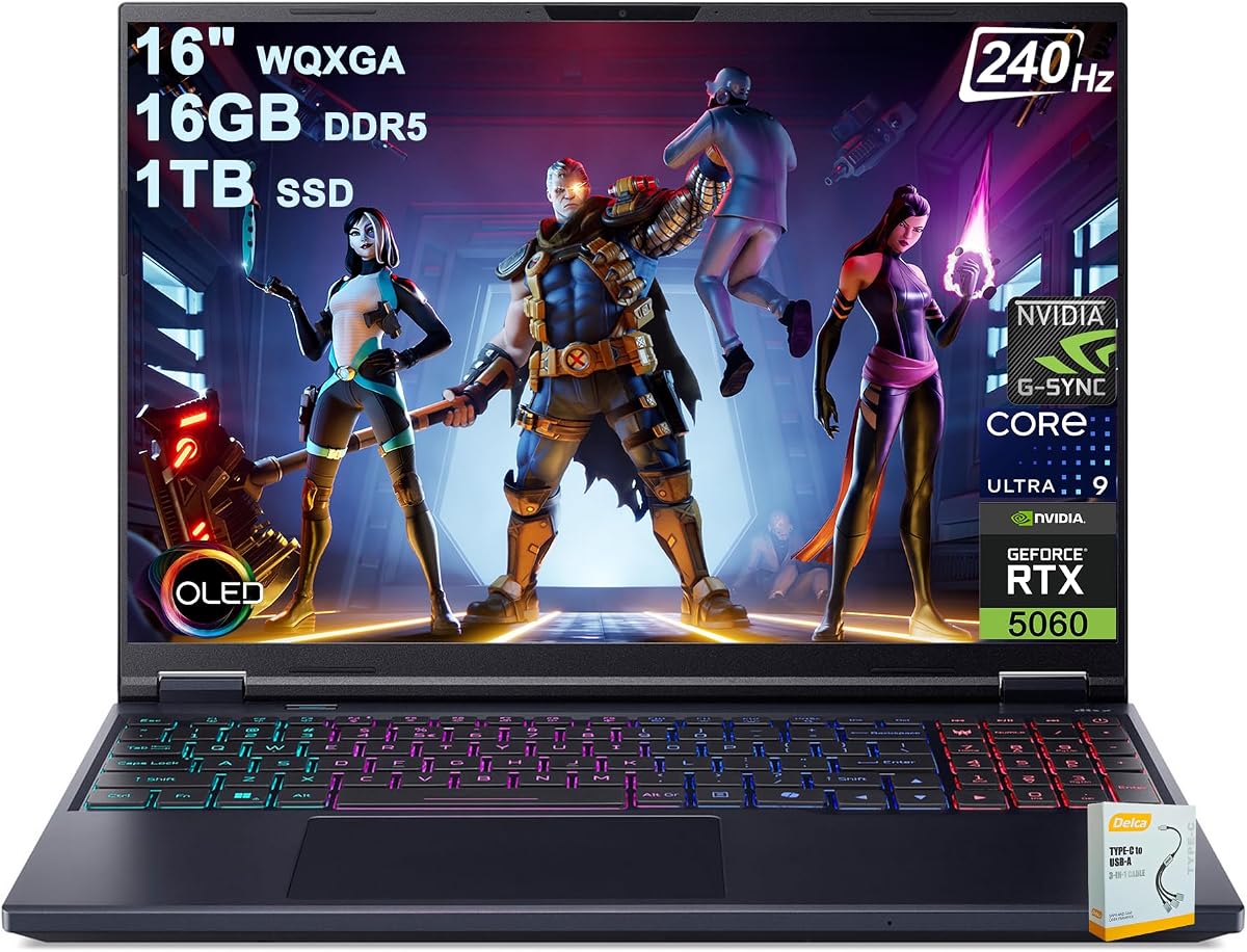 Portátil para juegos Predator Helios Neo 16S con IA | 16" 2560x1600 OLED 240Hz (G-SYNC) | Intel 24-core Ultra 9 275HX | 16GB DDR5 1TB SSD | GeForce RTX 5060 GDDR7 (hasta 572 tapas AI) Win11 con accesorio DLCA