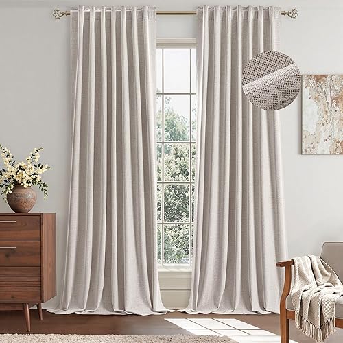 Miniatura 16 de EMEMA - Cortinas de lino beige opacas de 96 pulgadas de largo, juego de 2 paneles para dormitorio, sala de estar, con aislamiento térmico, 100%