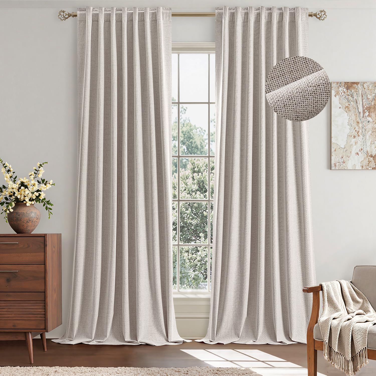 EMEMA Ivory White Linen Blackout Curtains 96 inch Length 2 Panels for Bedroom Living Room Thermal Insulated 100% Black Out Linen Drapes Room Darkening
