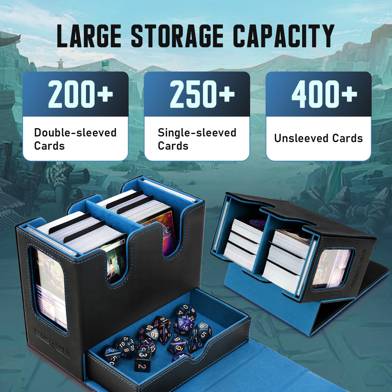 TiMOVO MTG Scatola del Mazzo di Carte Commander con Comandante del Display e Vassoio per Dadi Adatto a 400+ carte non sfoderate, Custodia magnetica in pelle per carte per TCG CCG Magic Cards,Nero+Blu