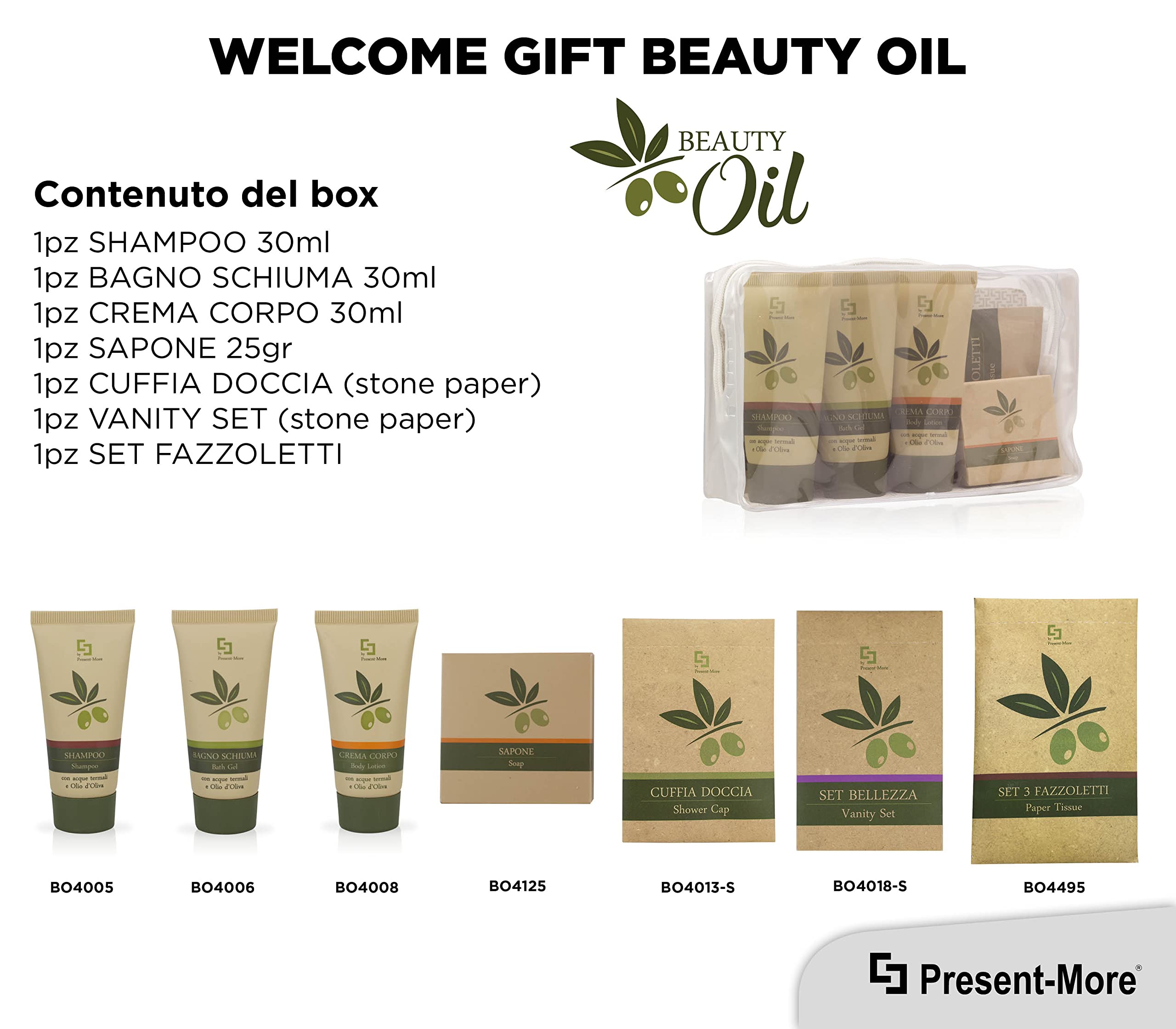 PRESENT-MORE - Set Cortesia 12 Ospiti Beauty Oil - Fragranza Tahitian - Contiene: Shampoo, Gel Doccia, Crema, Sapone e Accessori - Made in Italy - Per Hotel e B&B