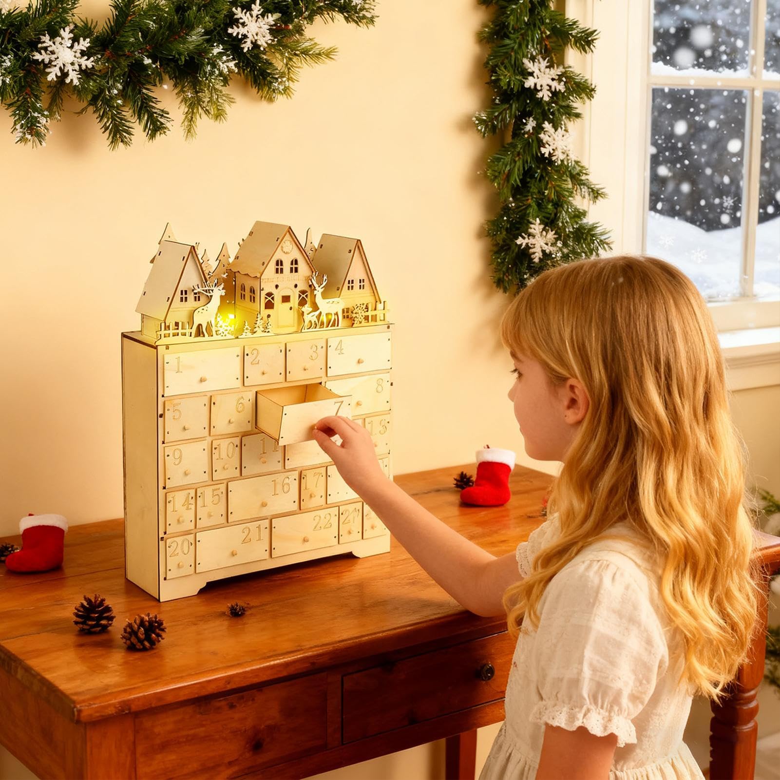 Calendario de Adviento de Madera Decoración De Adviento En Madera | Calendario de Adviento con 24 Cajones de Almacenamiento Para Adultos Familia Amigos Niños