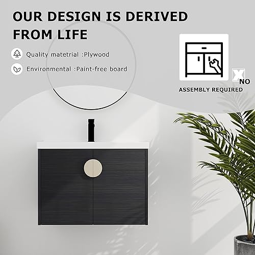 Miniatura 5 de Yoluckea Juego de tocador de baño de 28 pulgadas con lavabo montado en la pared, moderno juego de tocador de baño con lavabo de cerámica blanca y