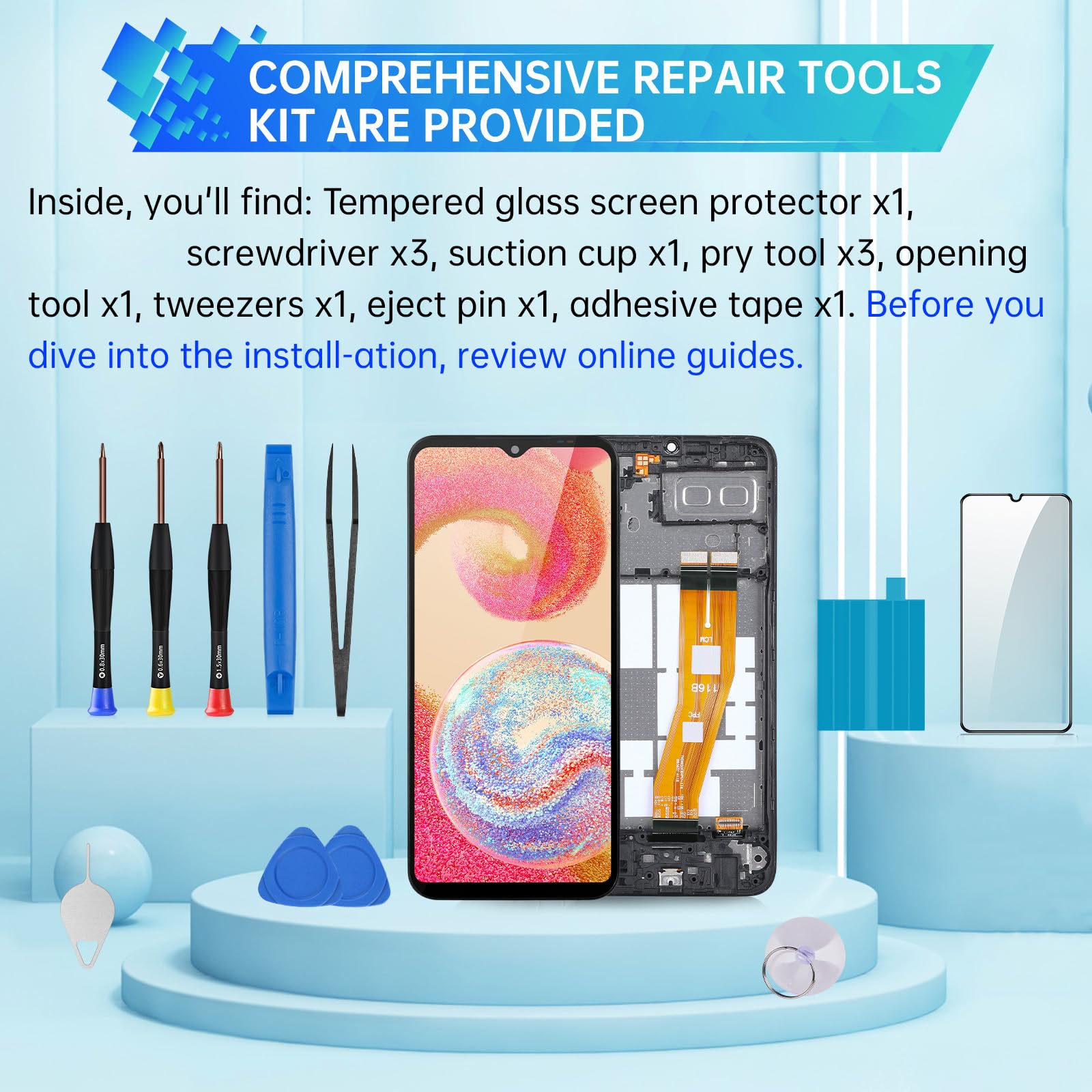 do Samsung Galaxy A04e zamiennik ekranu z ramką wyświetlacz LCD dotykowy digitizer pełny montaż mocowanie szkło z zestawem narzędzi naprawczych SM-A042F (A042f A042a A042w A042u)