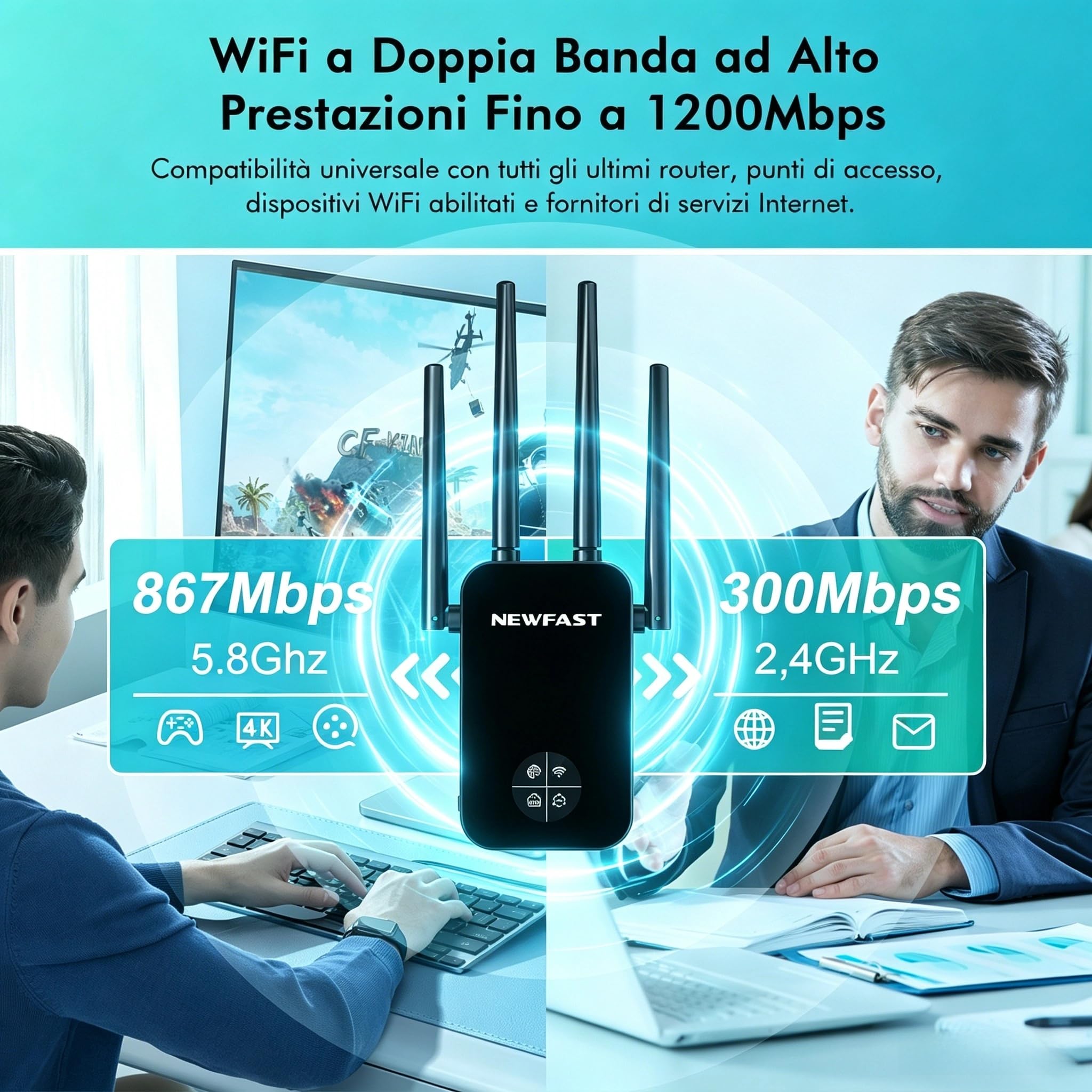 NEWFAST Ripetitore WiFi Potente per Casa, 1200Mbps WiFi Extender Dual Band | 2.4GHz/5GHz con 4 Antenne ad Alto Guadagno, Porta Ethernet, WPS, Display Intelligente, Supporta 3 Modalità(Nero)