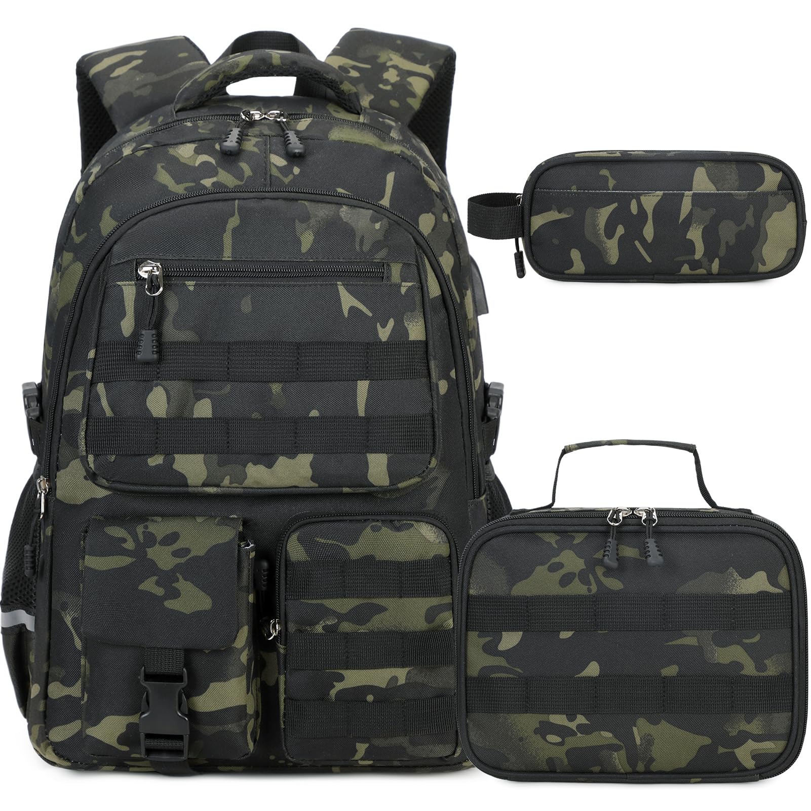DIGOBAY Camo Backpack for Boys with Lunch Box Pencil Case USB Charging Port