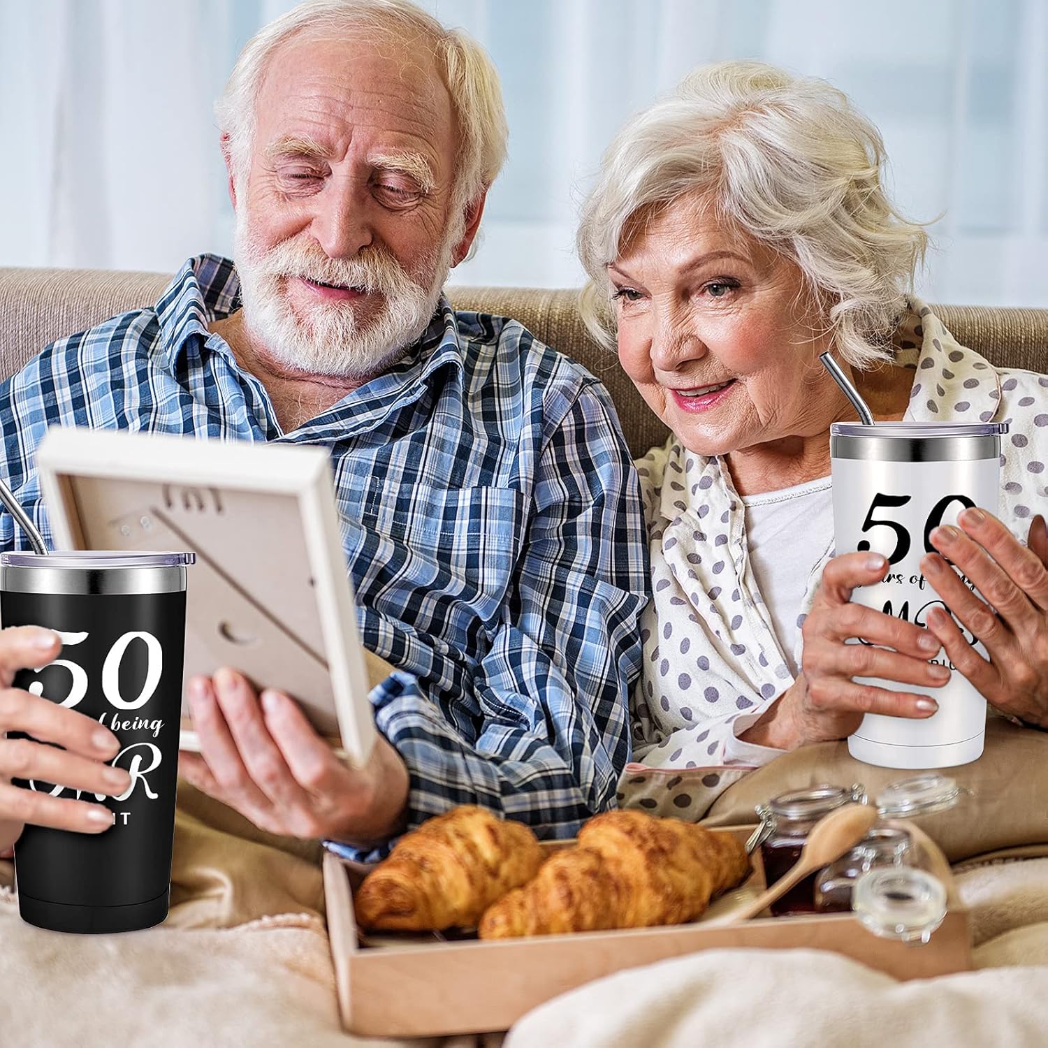 Cunhill 2 Pcs Mr. Right Mrs. Always Right Travel Tumbler Set 20 oz Wedding Engagement Anniversary Travel Mug for Husband Wife Newlywed Couples Bride Groom Anniversary(50th Tumbler) - Image 6