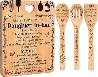 Gifts for Daughter in Law - "Recipe for a Special Daughter-in-Law" Daughter in Law Birthday Gifts Cutting Board Set, Bamboo-Made Engraved Utensil Set Christmas Gifts for Daughter in Law