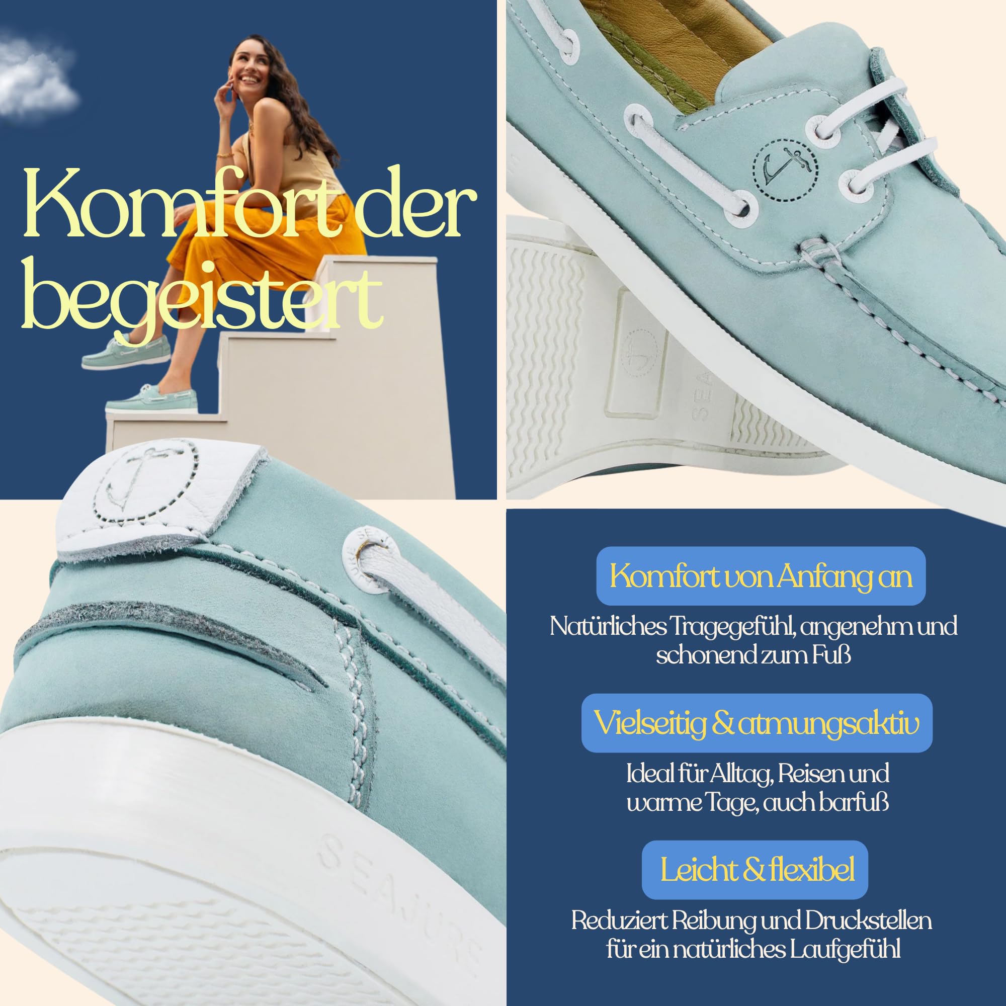 Seajure Nacpan Damen Bootsschuhe Boat Shoes aus Nubukleder in Hellblau, Mokassins Damen im eleganten Nautik Look, Bequeme Lederschuhe für Sommer, Handgefertigt mit Rutschfester Sohle