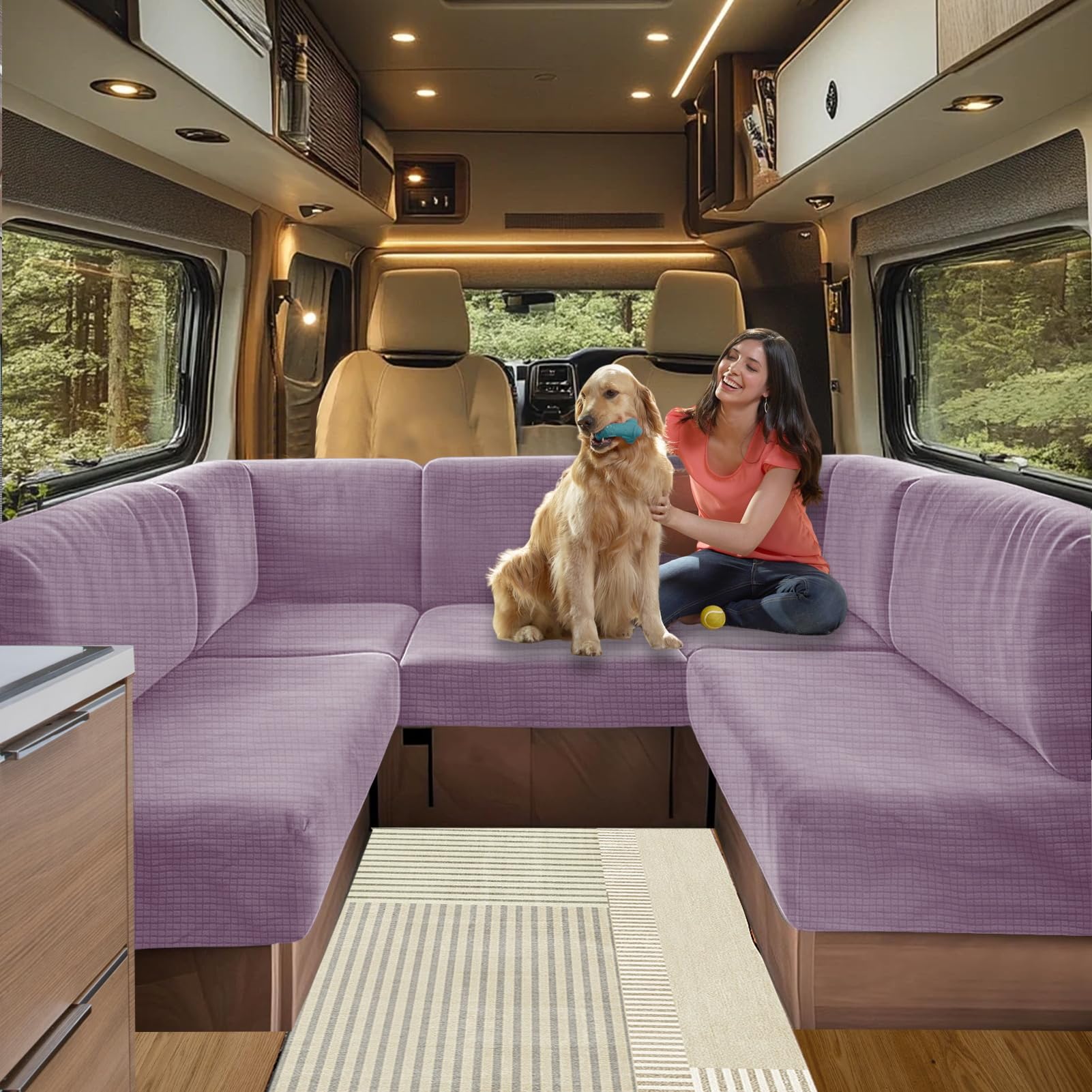 Caravan Seat Cover Stretch Jacquard, Non-slip RV Dinette Cushion Covers, for Caravan Camper Sofa Anti-Slip Kids and Pets-Friendly Washable (Purple,W 230-280cm, D 45-65cm)