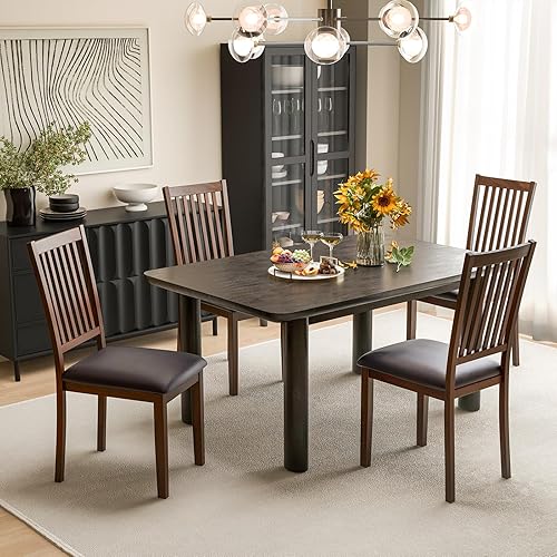 Miniatura 2 de Giantex Juego de 4 sillas de comedor de madera, sillas de cocina tapizadas con respaldo de listones, piel de PVC resistente al desgaste, patas de