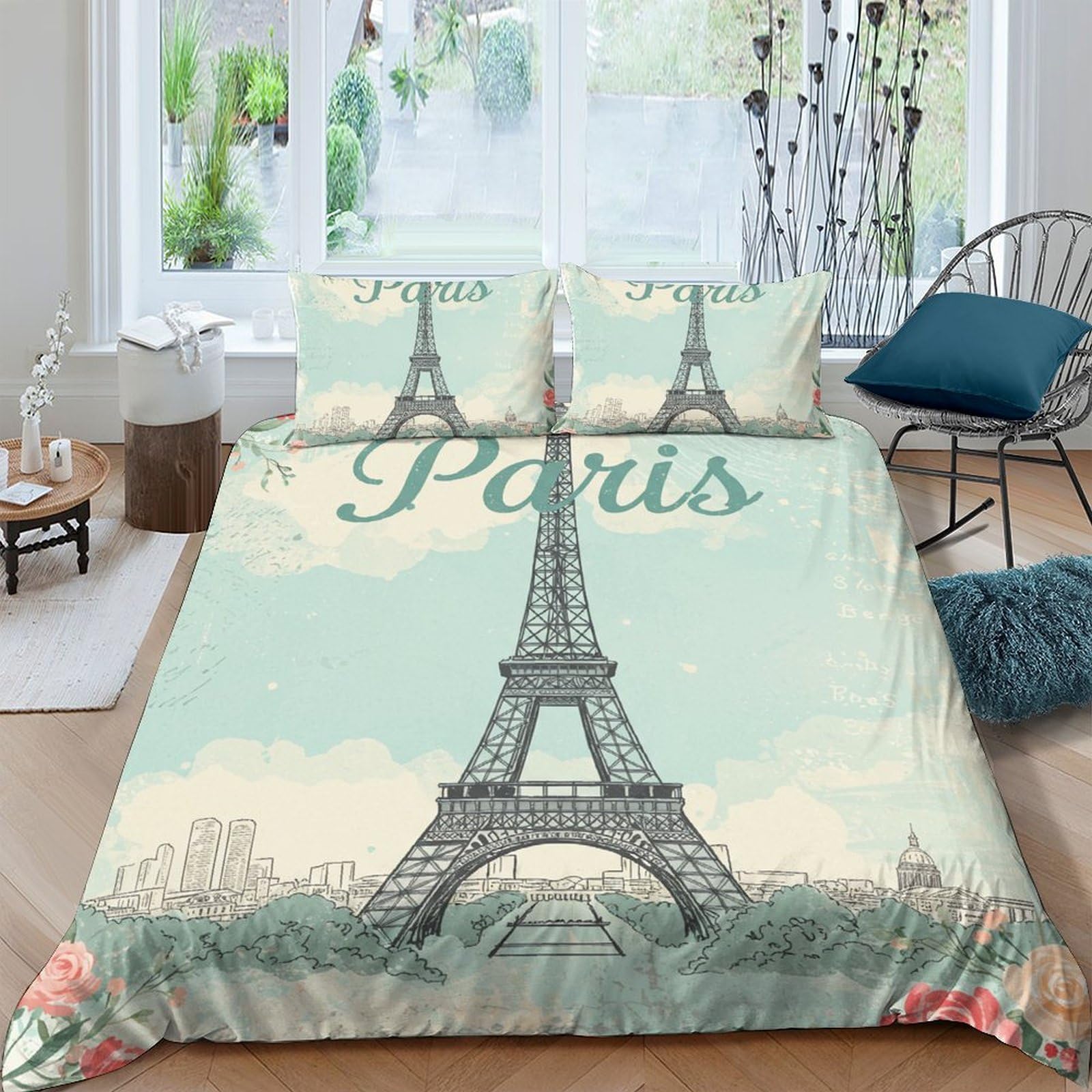 UNRXJZLVM Paris Eiffel Tower Bedding Set Microfiber Teen Decor