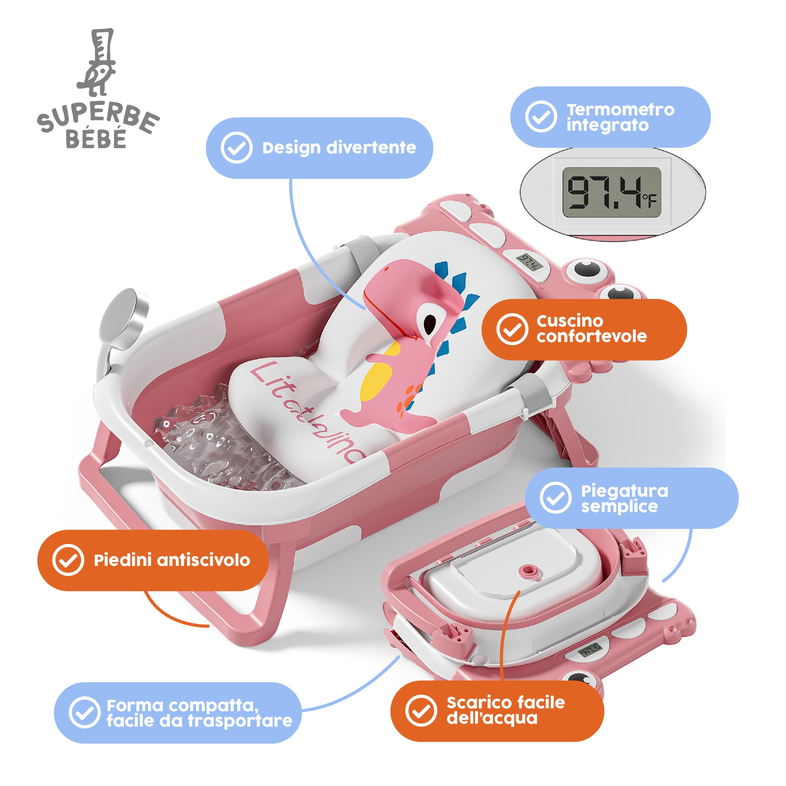 Vaschetta Bagnetto Neonato Pieghevole con Cuscino e Termometro 1-3 Anni
