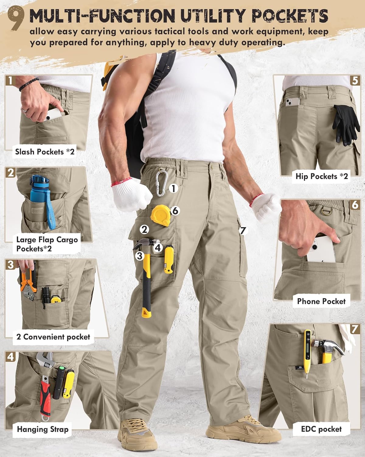 IGOLUMON Work Pants for Men Cargo Tactical Pants with 9 Pockets, Ripstop Lightweight Stretch Outdoor Hiking Pants - Image 3