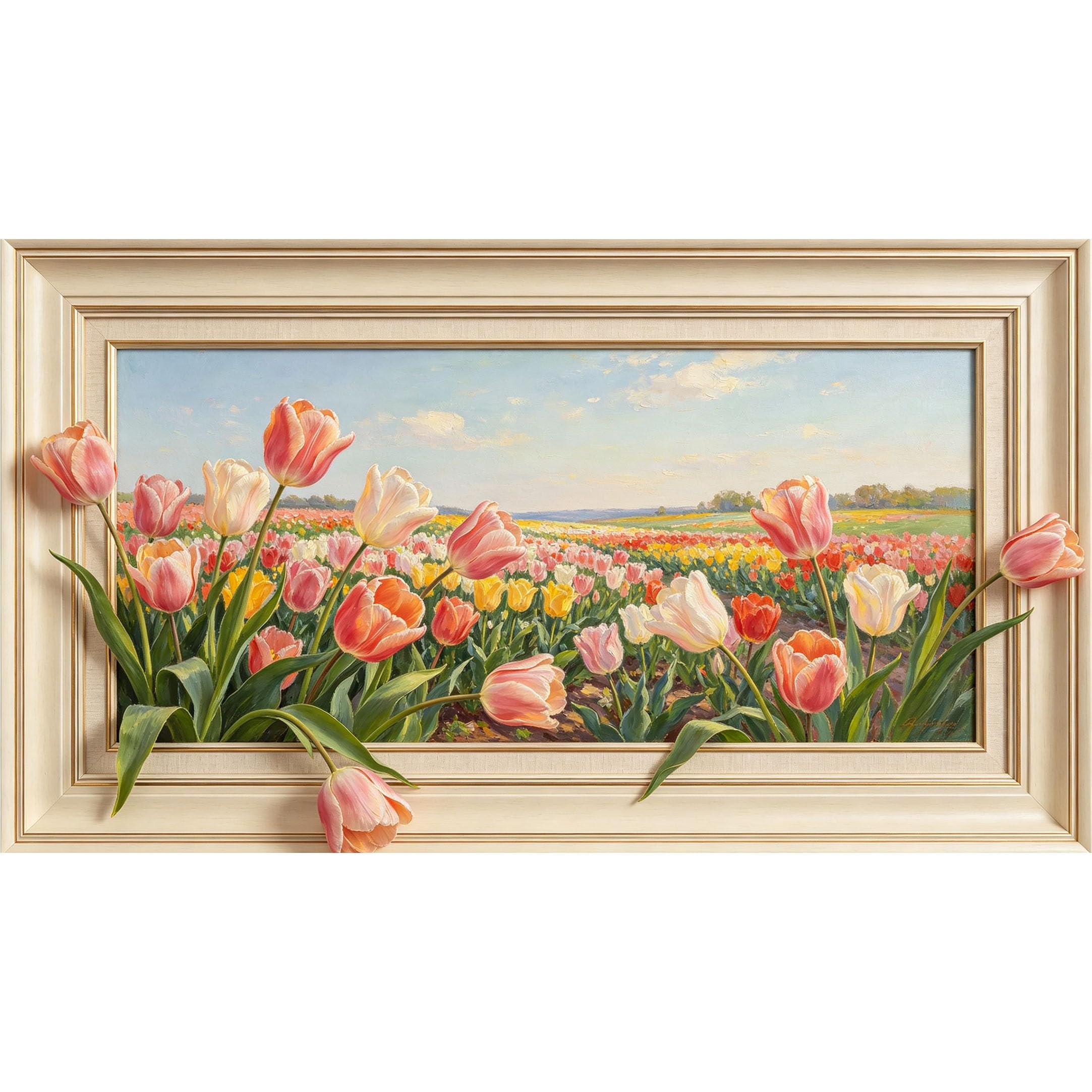 QZLITHOTIC 50x90cm3D Framed Wall Art， Tulip Field Landscape Botanical Oil Painting Self‑Adhesive Mural， Water‑Activated Peel & Stick Fabric Decor Wall Decal for Bedroom Living Room
