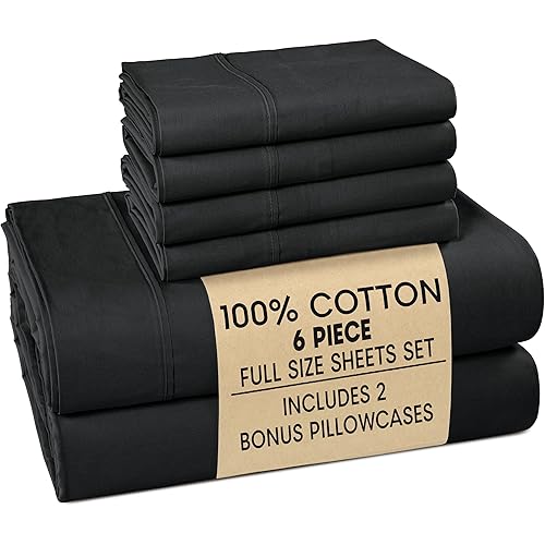 Casa Platino 100% Cotton Sheets Full Size Set - 6 Pieces (1 Flat, 1 Fitted, 4 Pillowcases) - Soft & Breathable Percale Weave - Durable & Cooling Bed Sheets with Deep Pockets - Full Sheet Set - Black