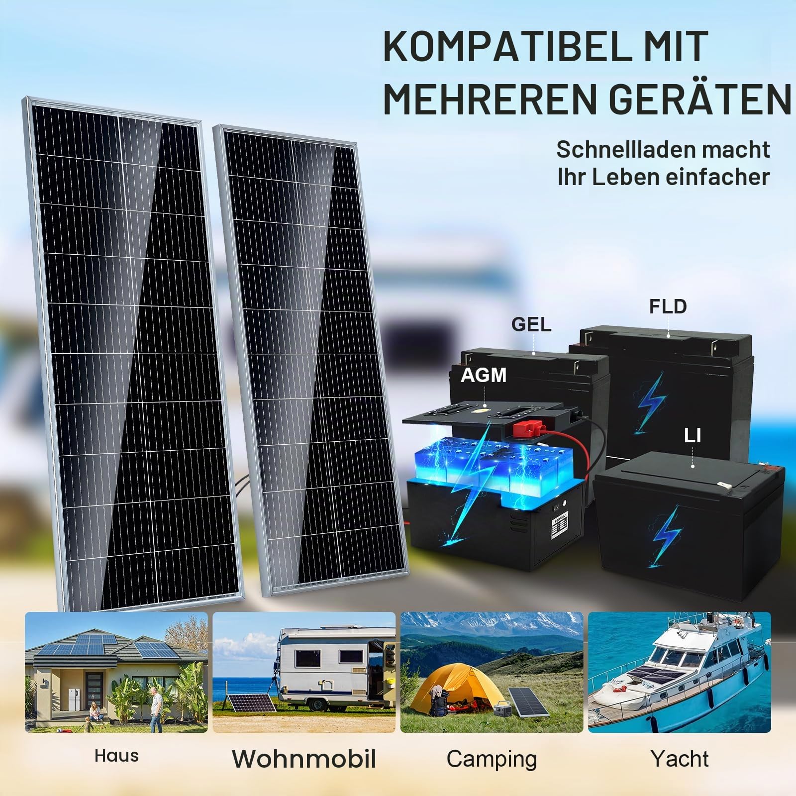 VEVOR 200W Solarpanel 2er-Set 12V monokristallinen Solarmodul plus Laderegler 16,66A Solaranlage Umwandlungsrate von 23% Kompatibel mit AGM-, GEL-, FLD-, LI-Batterien Ideal für Wohnmobile Yachten Zuh