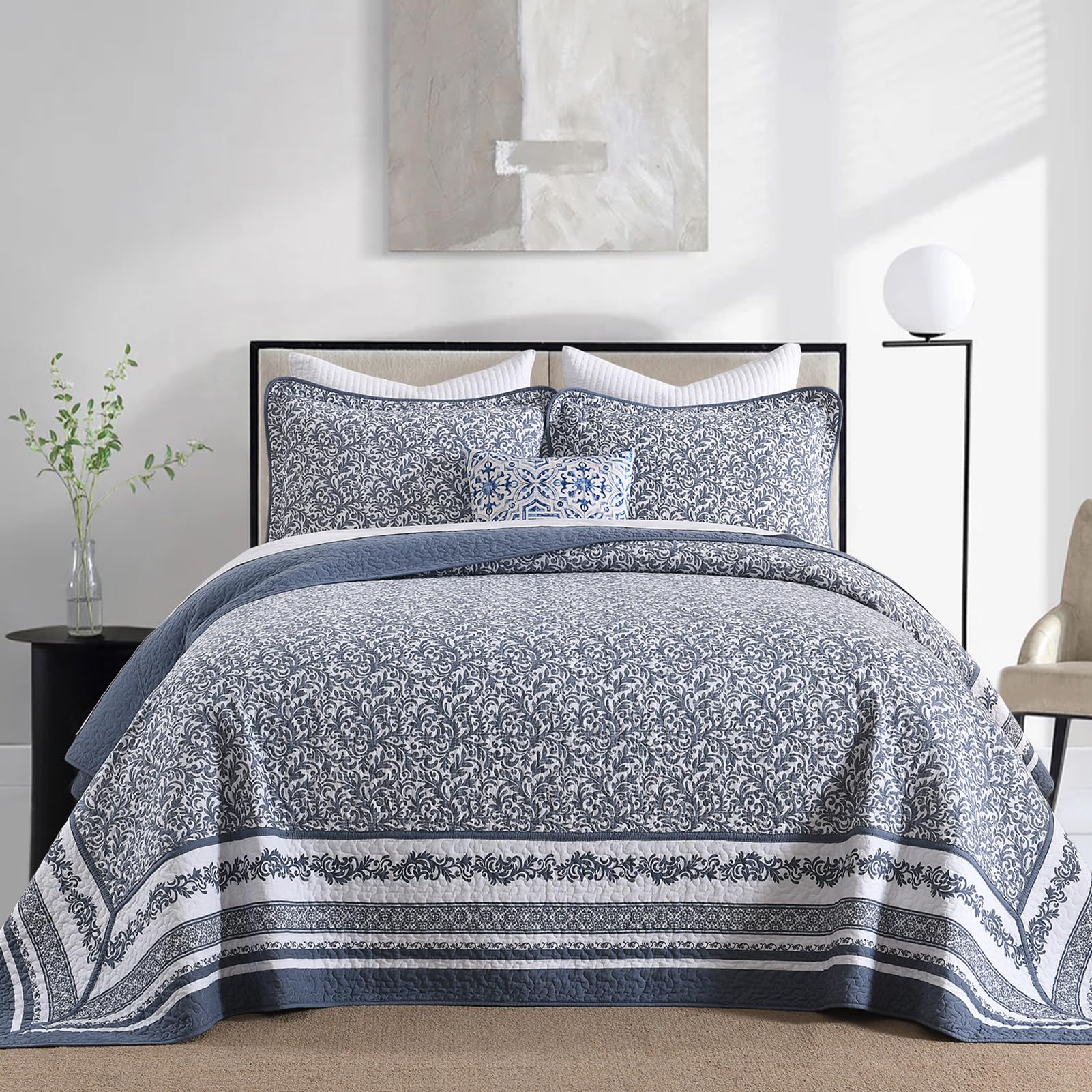 FineStichery Cotton King Bedspreads 120"x120" - Oversized Quilt Set with Pillow Shams, Farmhouse Botanical Pattern Lightweight Coverlet, Quilted