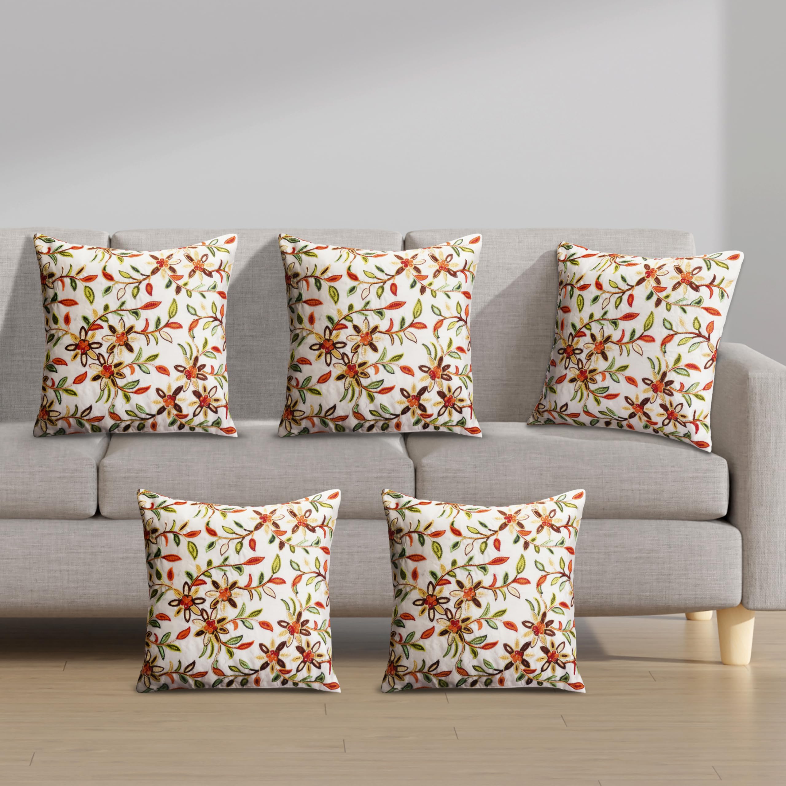 Kashmiri Embroidery Cushion Covers Pack of 5 | 16x16 Inch | Handmade Decorative Pillow Cases with Intricate Indian Embroidery - Ideal Home Décor (Creem)-image-16